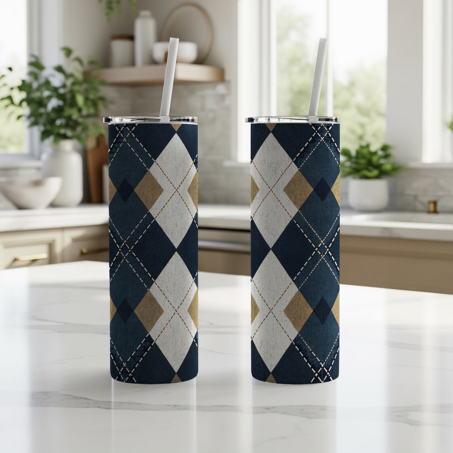 Blue and Brown Argyle Pattern Insulated Tumbler Product