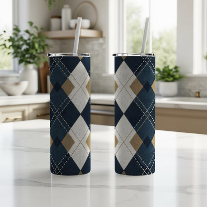 Blue and Brown Argyle Pattern Insulated Tumbler Product