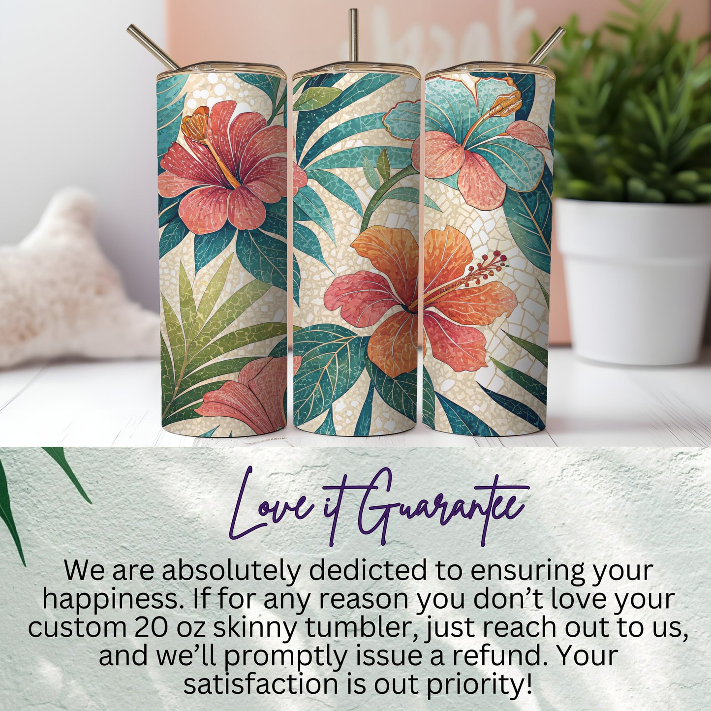 Tropical Hibiscus Flowers Artistic Pattern 20 oz Skinny Tumbler - Walk Greener