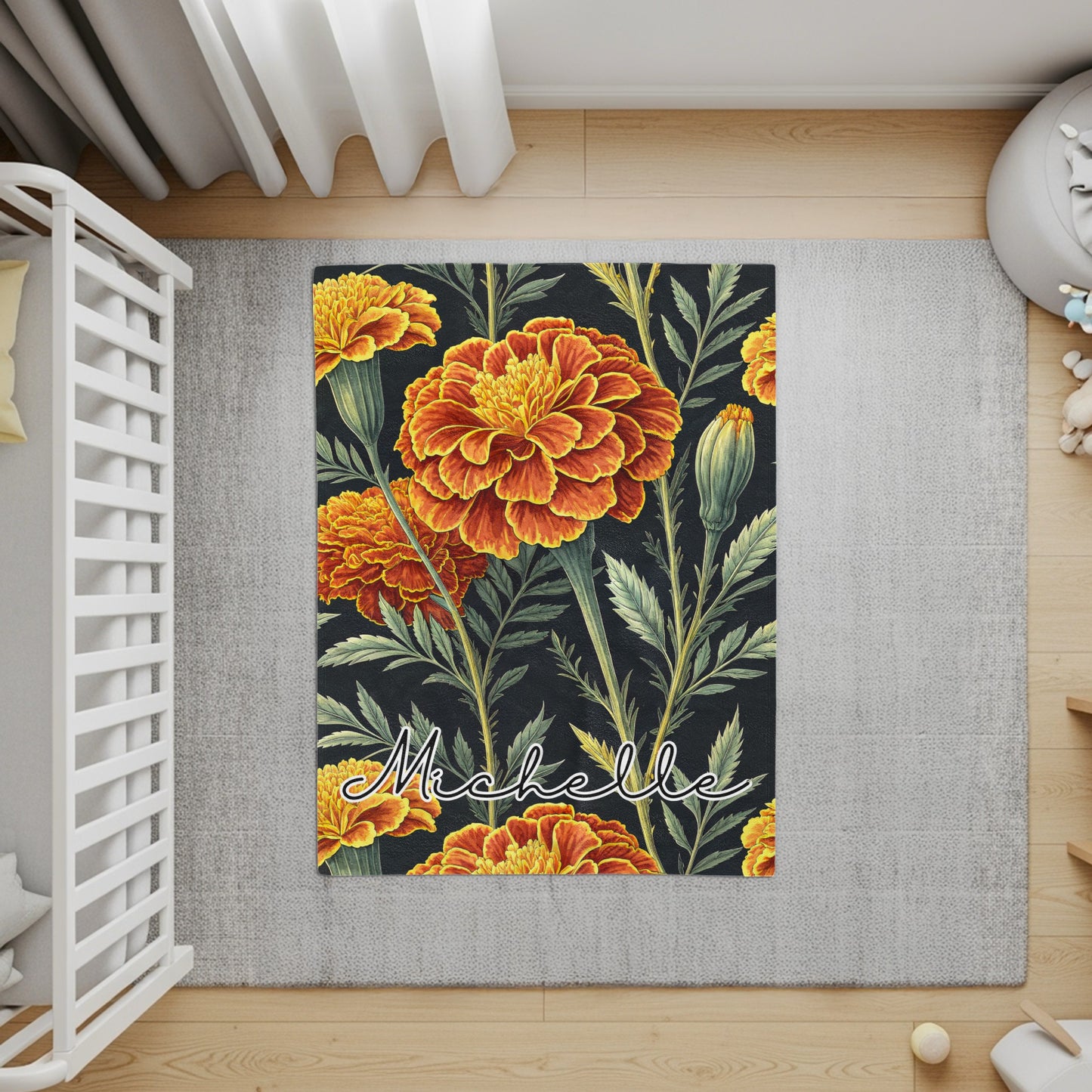 Marigold Flowers Custom Personalized Name Blanket Decor - Walk Greener