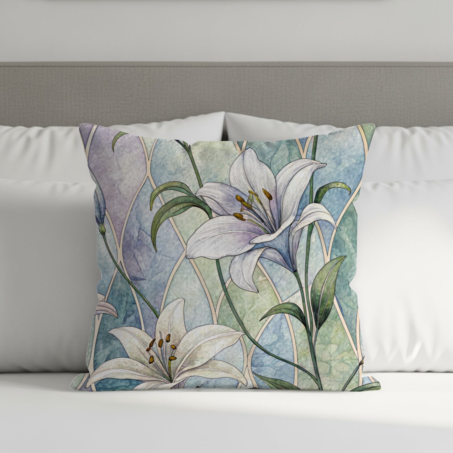 Pastel Lily Pattern Against Blue Green Arches Throw Pillows - Walk Greener