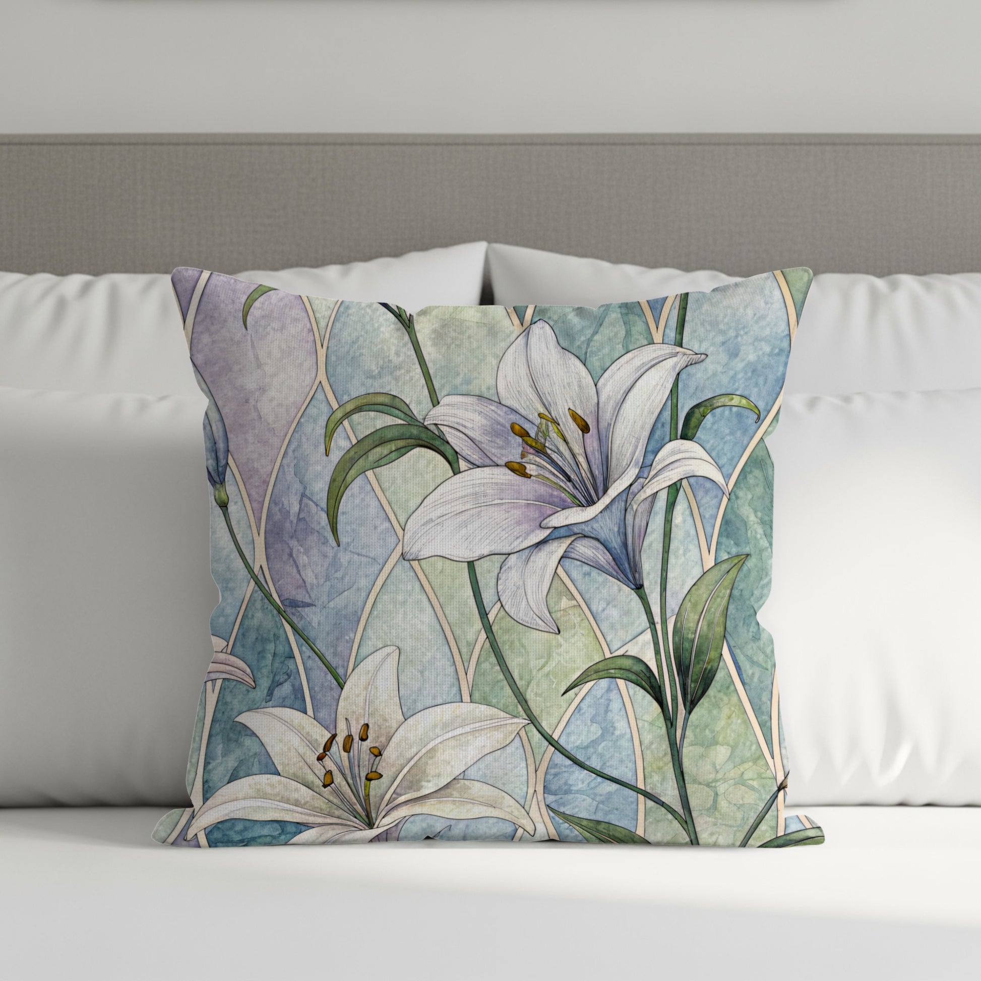 Pastel Lily Pattern Against Blue Green Arches Throw Pillows - Walk Greener