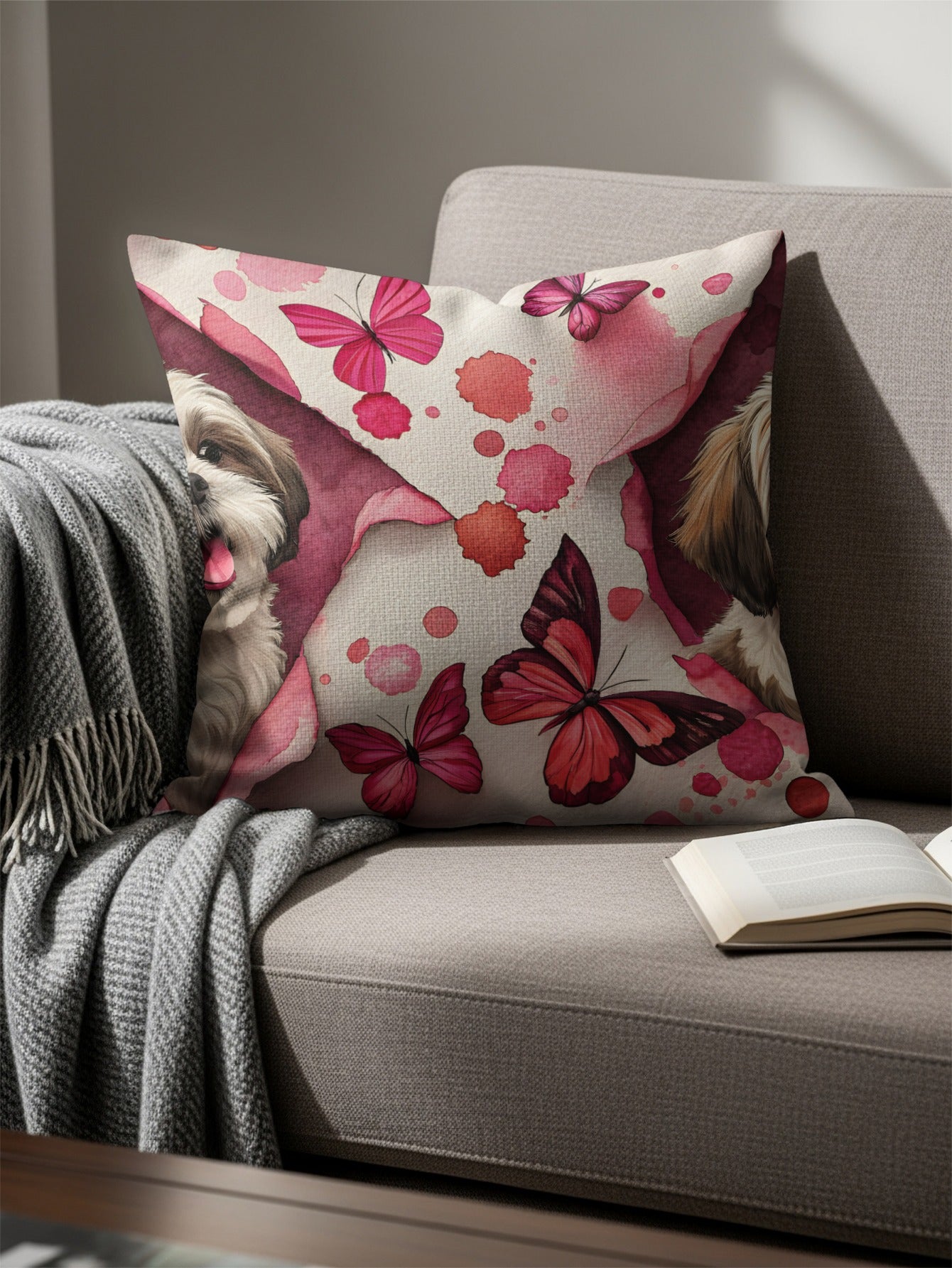 Cute Dog and Pink Butterflies Print Throw Pillow