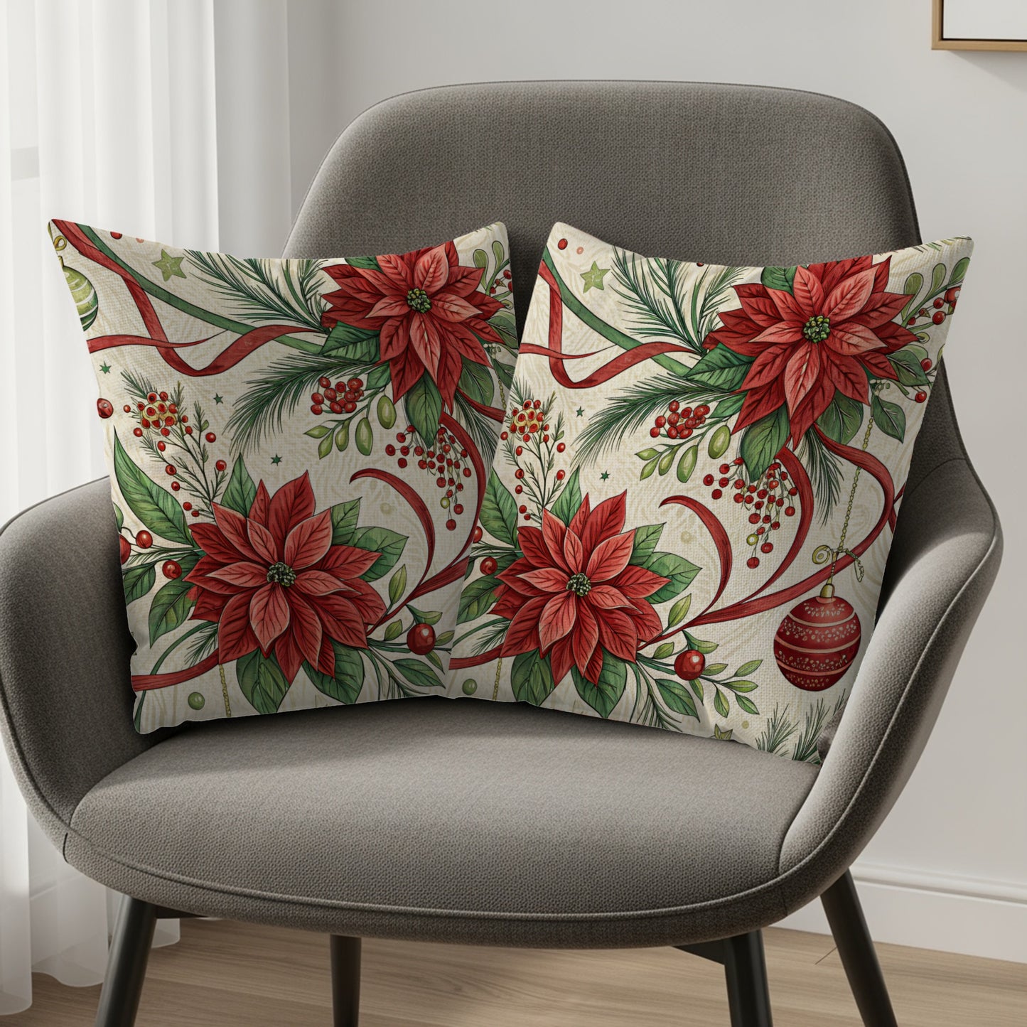 Festive Poinsettia and Ornament Design Pillow Covers