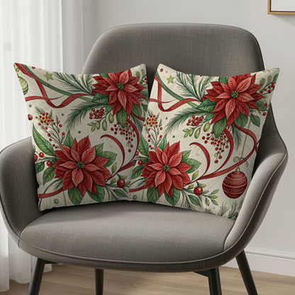 Festive Poinsettia and Ornament Design Pillow Covers
