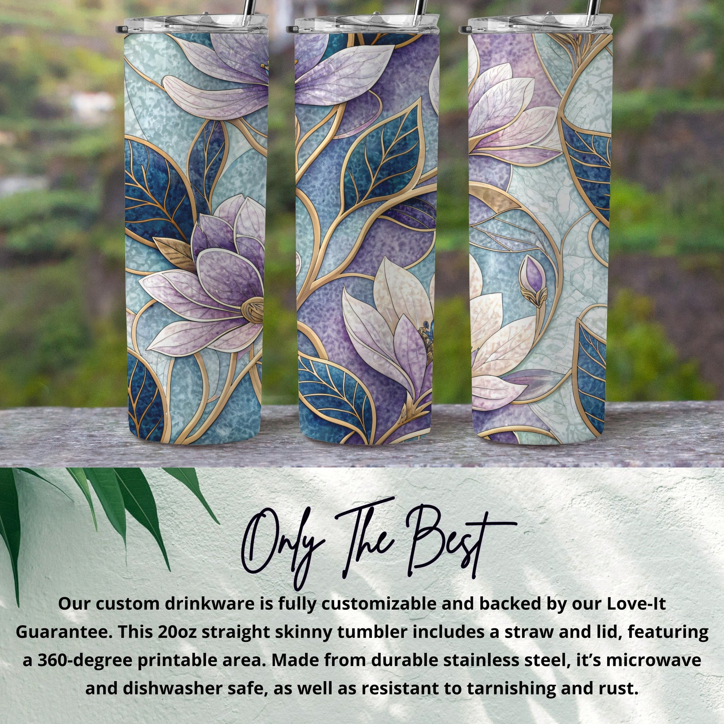 Elegant Magnolia Floral Design Gold Vein on Tumbler - Walk Greener