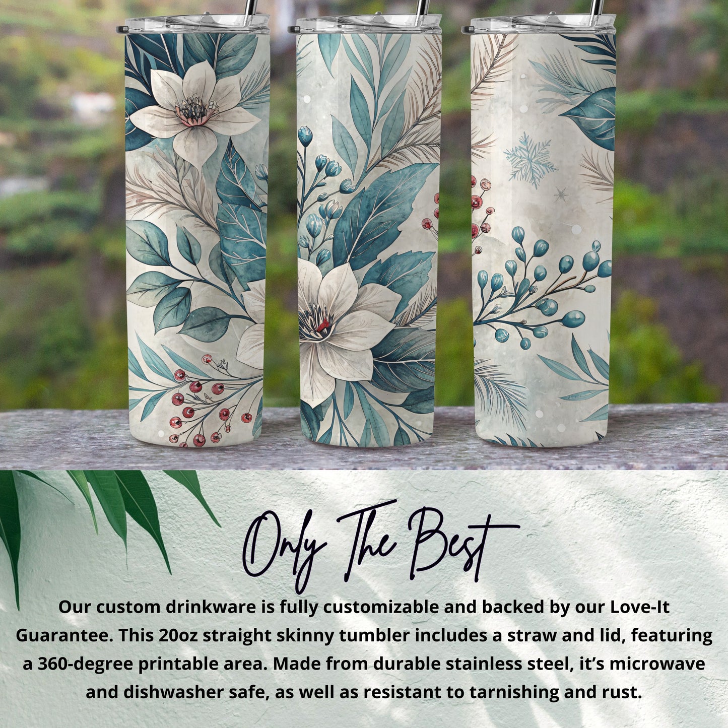 Floral Magnolias and Berries Straight Skinny Tumbler