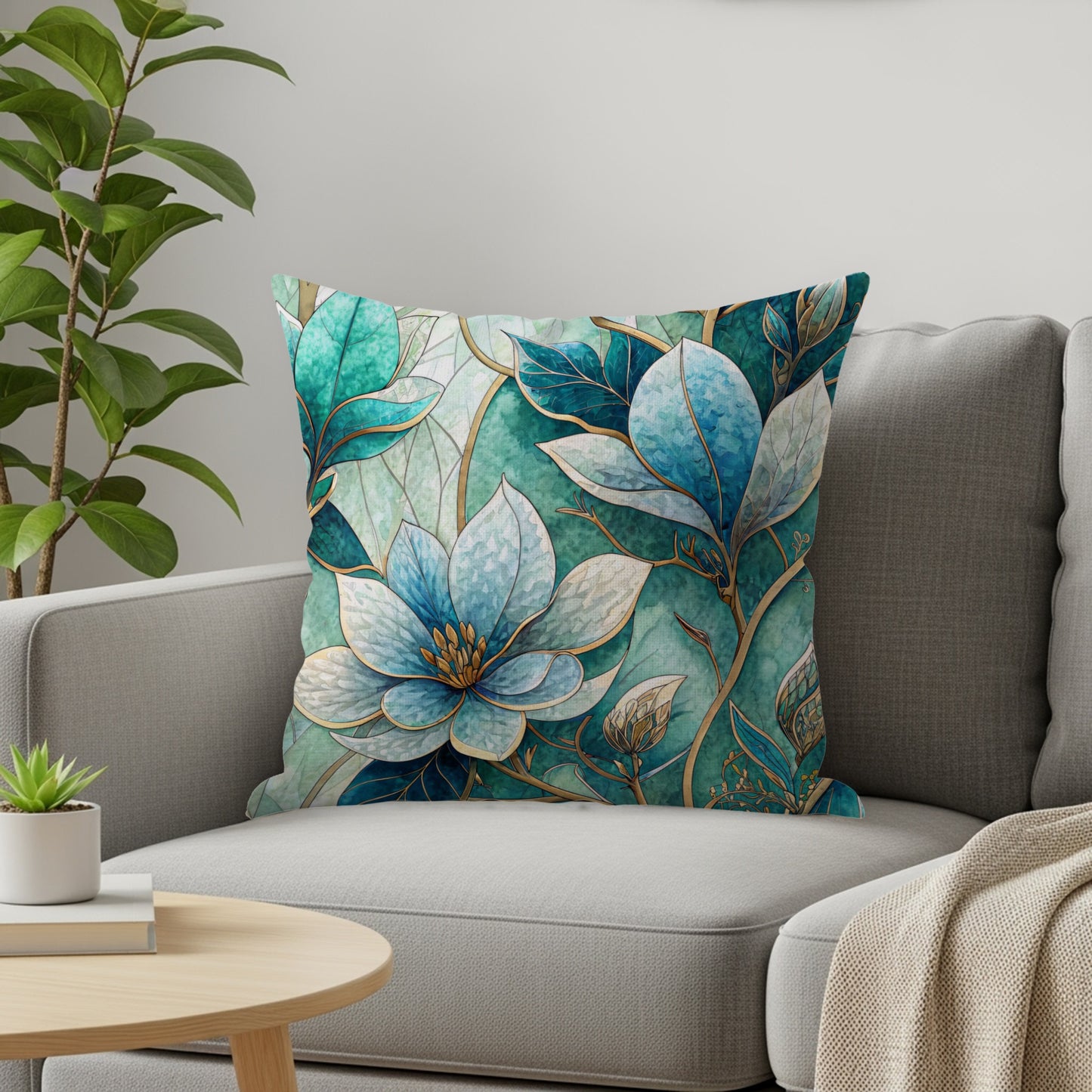 Teal Blue Botanical Magnolias Floral Pattern Throw Pillows - Walk Greener