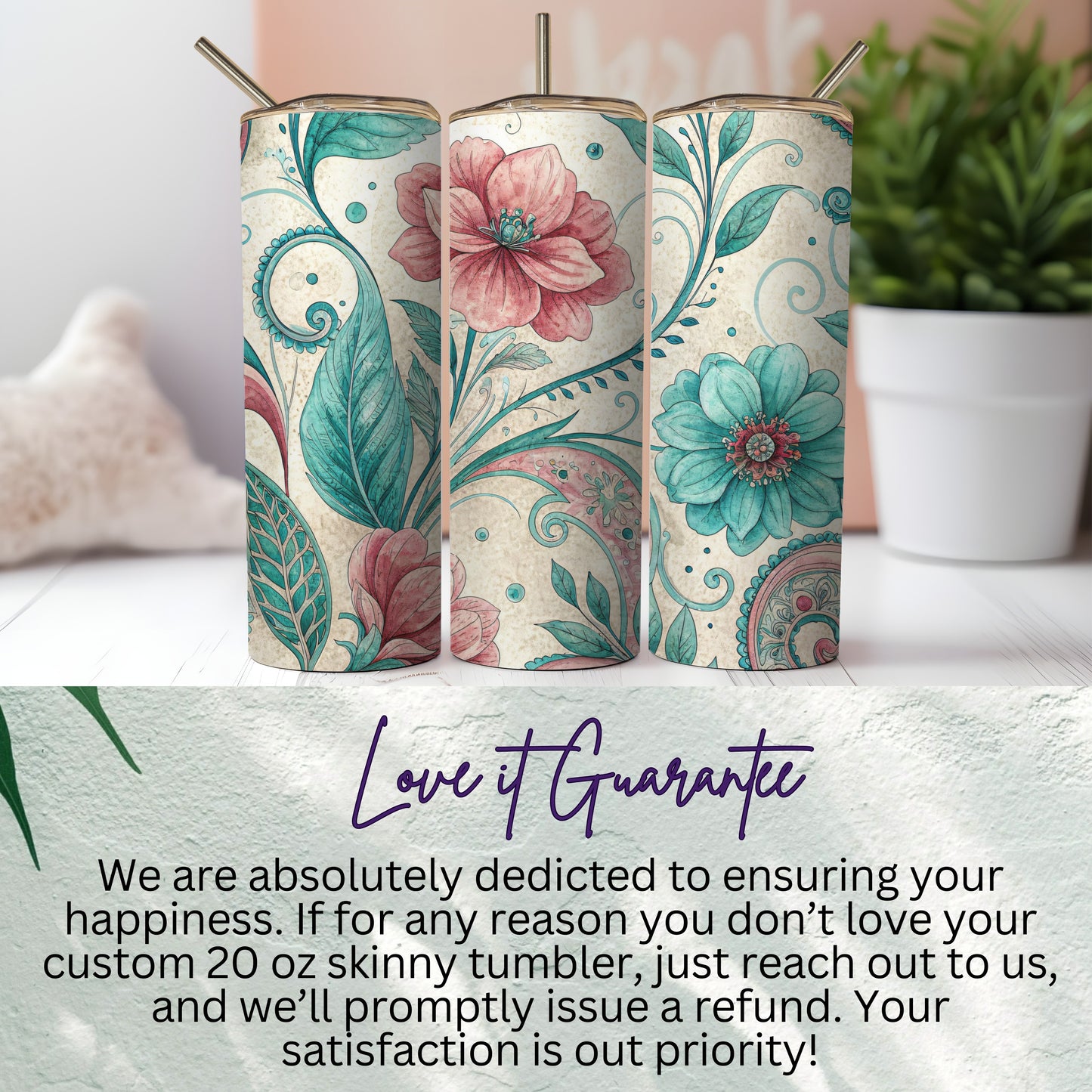 Floral Dreamscape Turquoise Crimson 20 oz Skinny Tumbler - Walk Greener