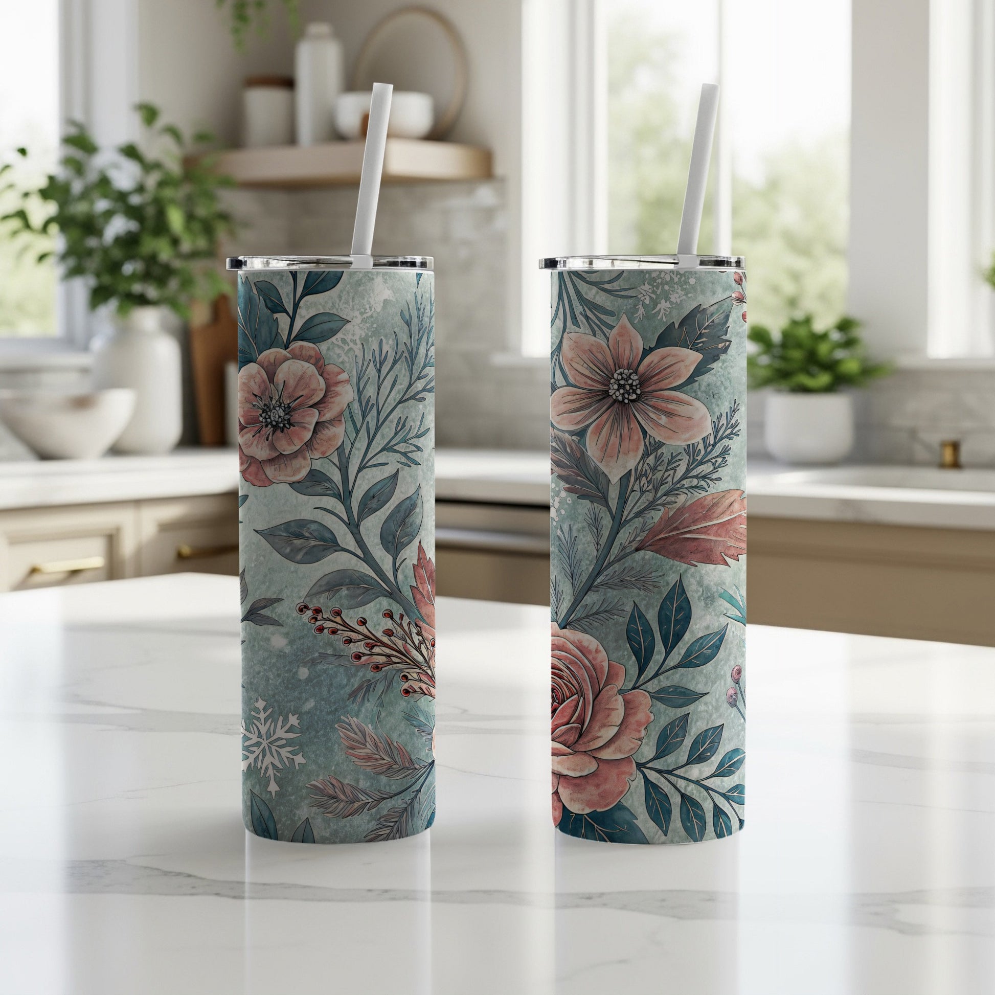 Elegant Floral Pattern Insulated Tumbler with Straw