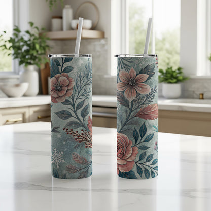 Elegant Floral Pattern Insulated Tumbler with Straw