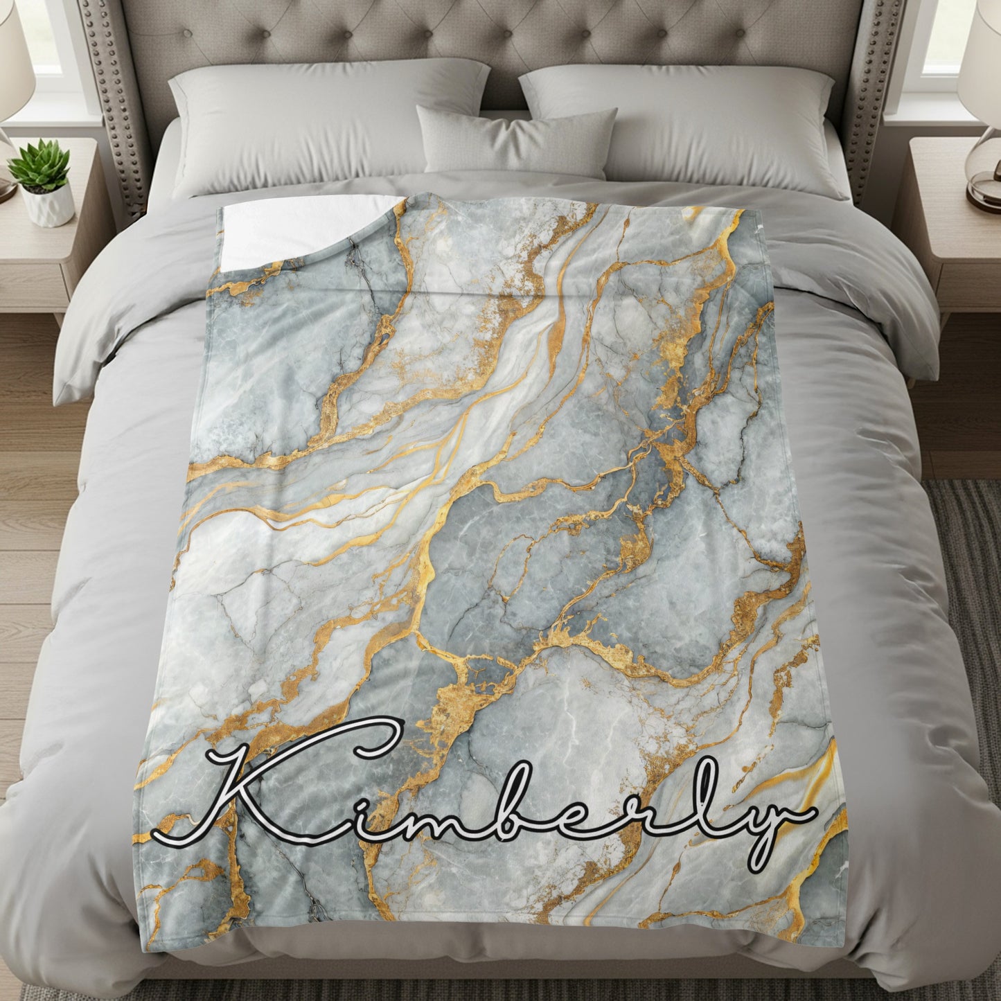 Gray Marble Veins of Gold Pattern Custom Name Blanket - Walk Greener