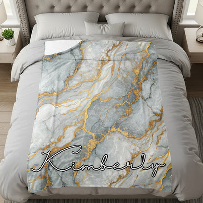 Gray Marble Veins of Gold Pattern Custom Name Blanket - Walk Greener