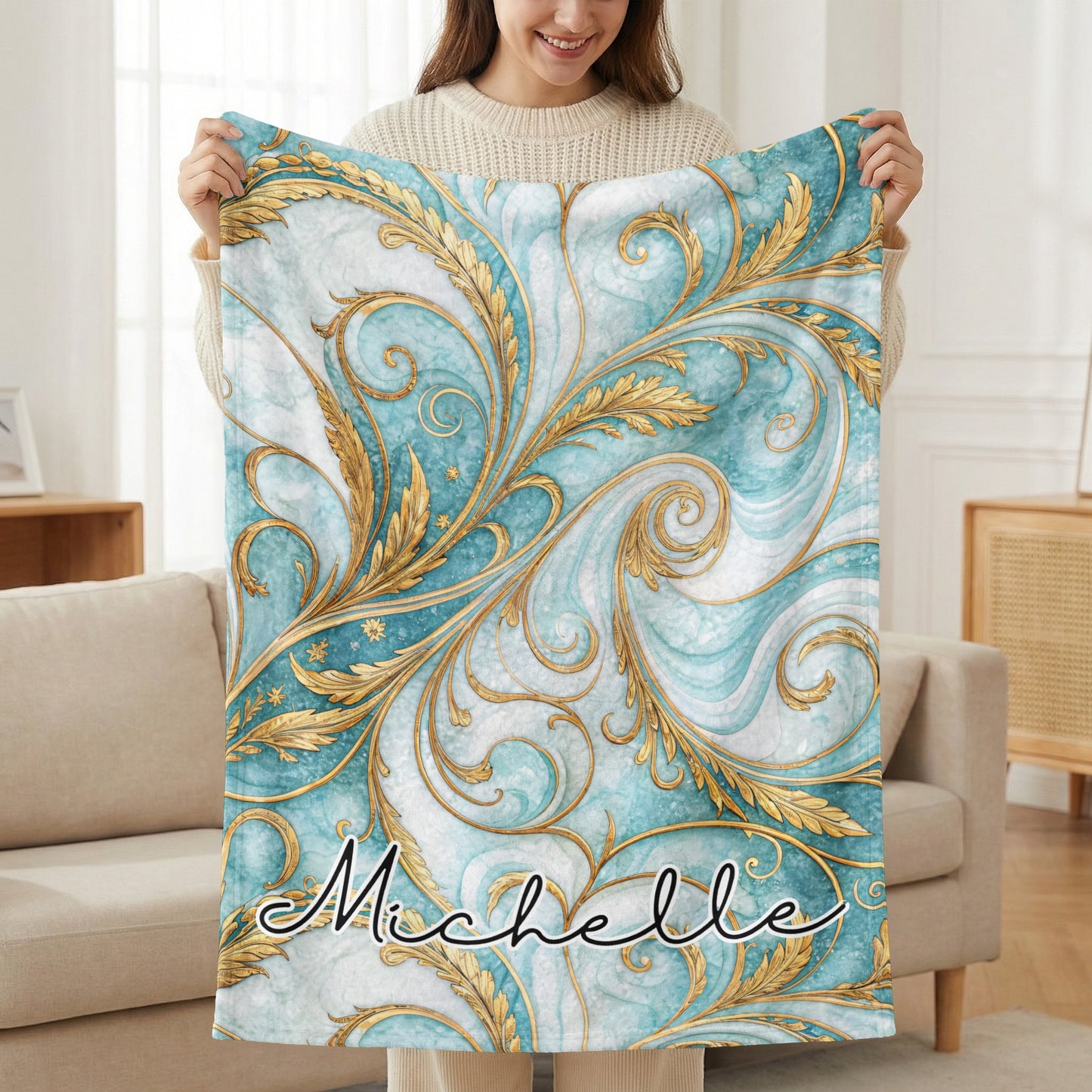 Personalized Turquoise and Gold Swirls Blanket