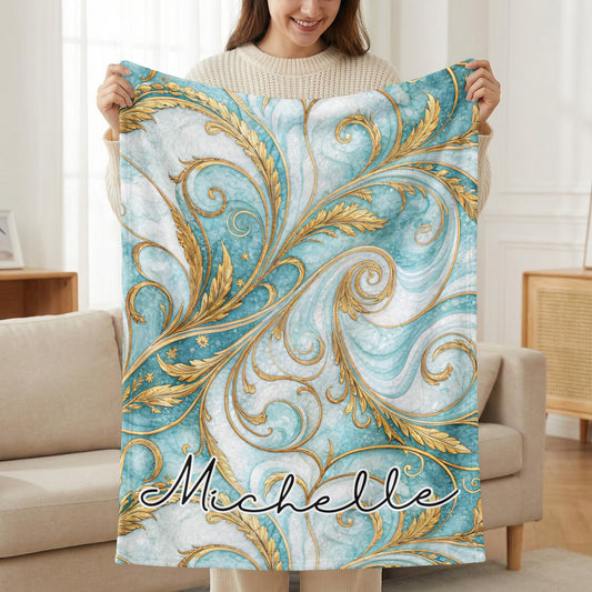 Personalized Turquoise and Gold Swirls Blanket