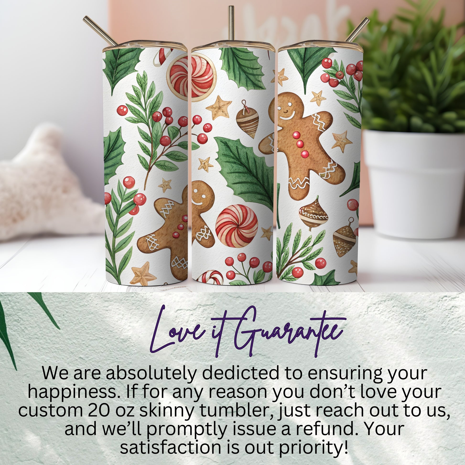 Watercolor Festive Pattern with Ginger Bread and Holly Tumbler - Walk Greener
