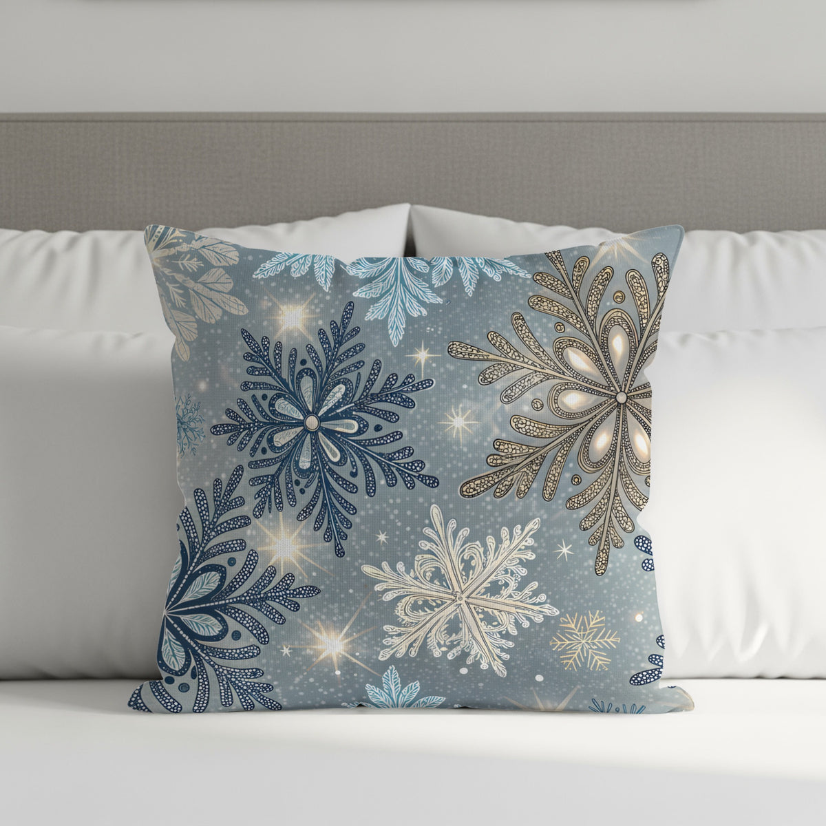 Winter snowflake throw pillow shown in a larger size option on an armchair