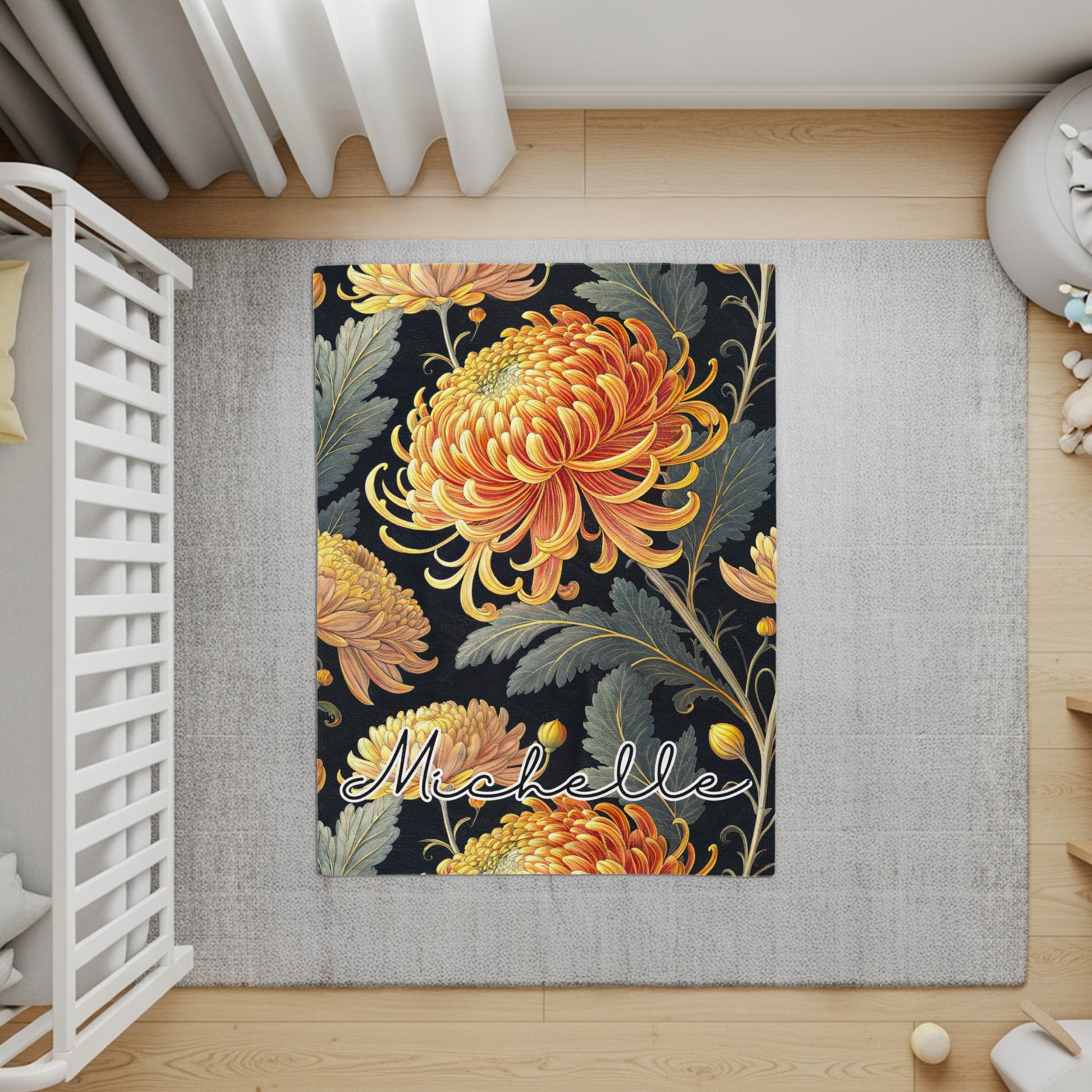 Floral Pattern Rug with Michelle Script Name Design