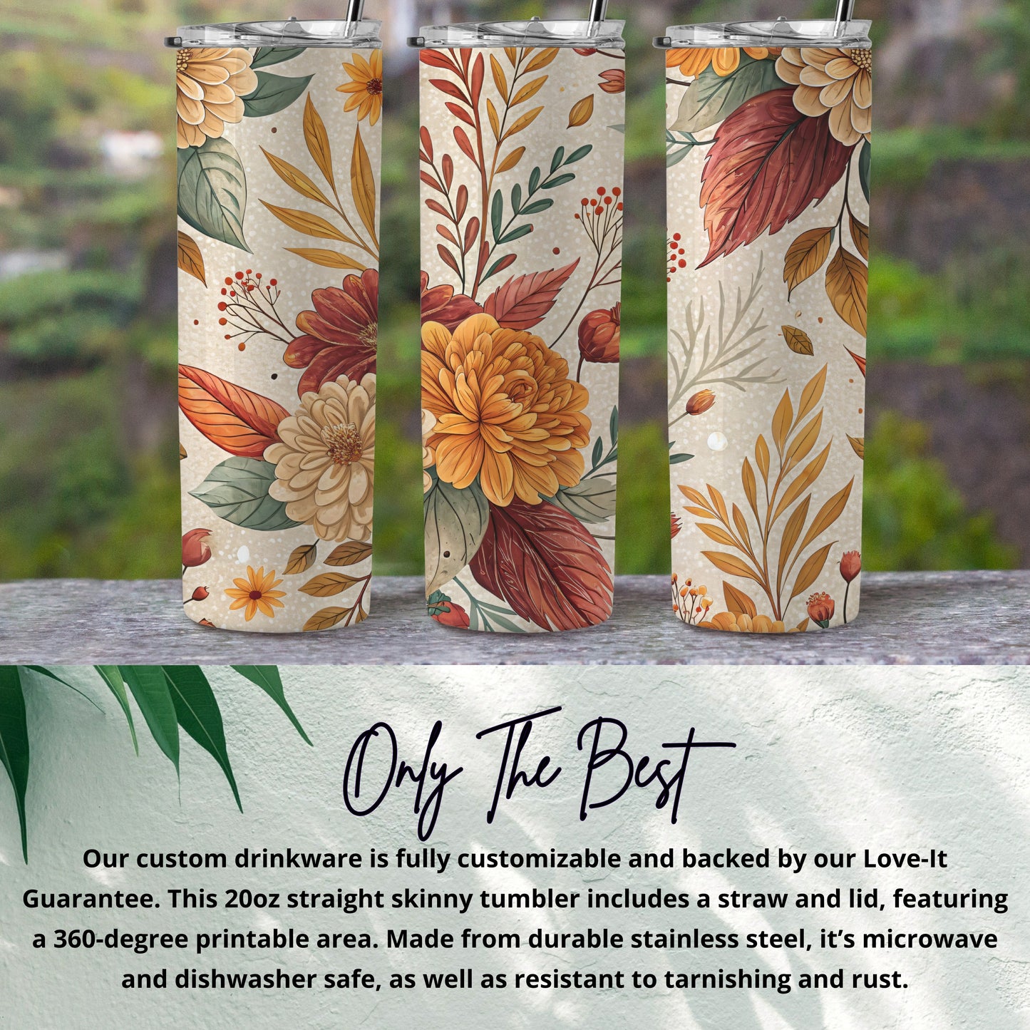 Customizable Floral Skinny Tumbler with Straw and Lid
