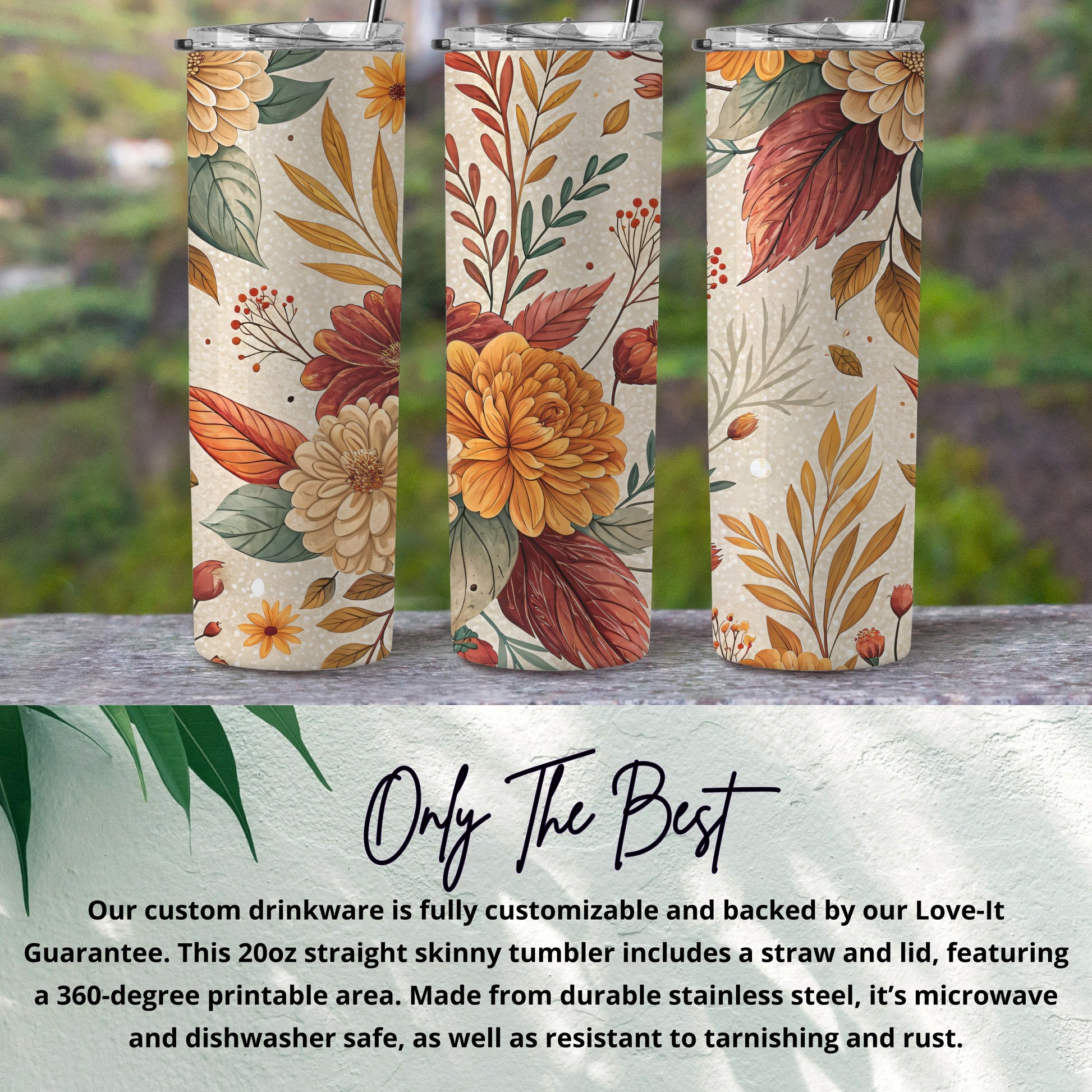 Customizable Floral Skinny Tumbler with Straw and Lid