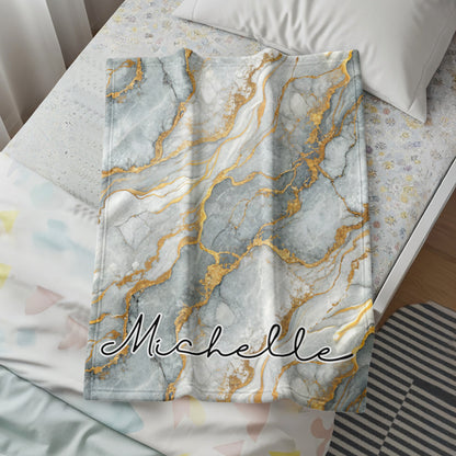 Gray Marble Veins of Gold Pattern Custom Name Blanket - Walk Greener