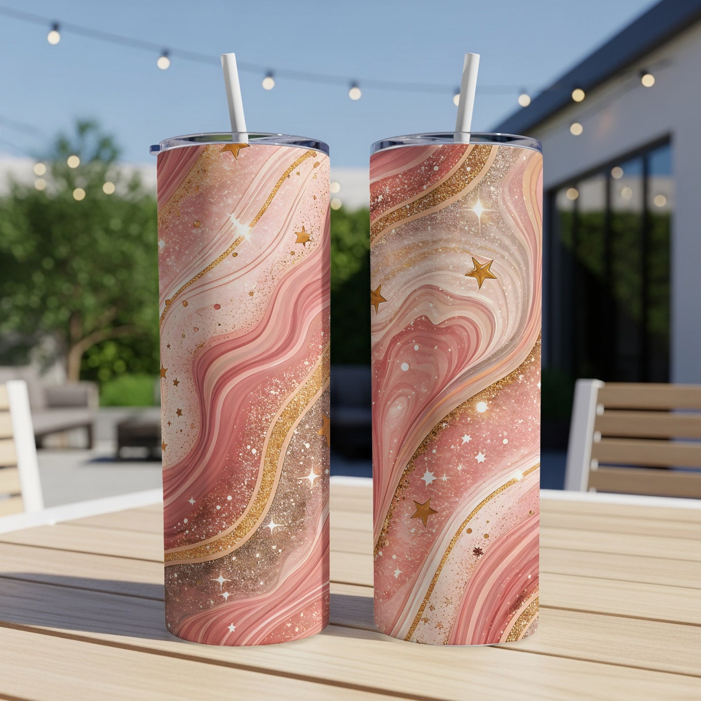 Sparkling Pink Swirl Design Tumbler with Stars Pattern