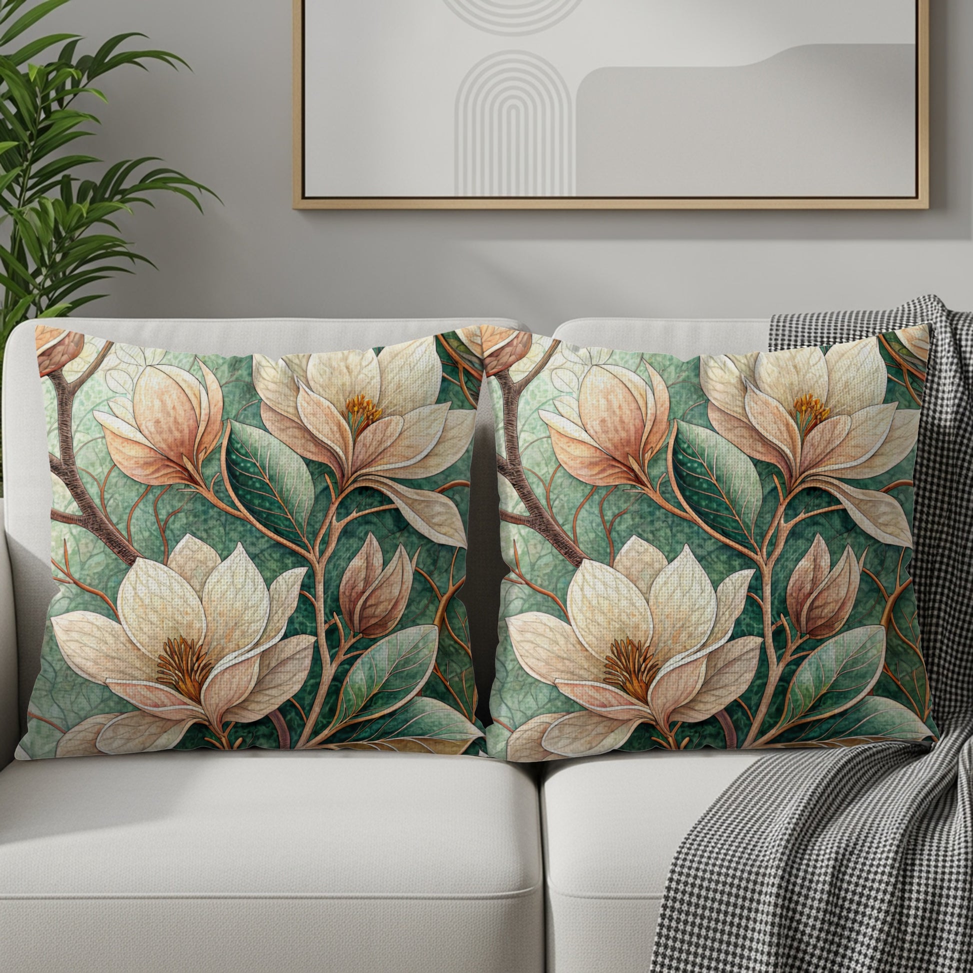 Magnolia Flowers And Branches With Green Background Throw Pillows - Walk Greener