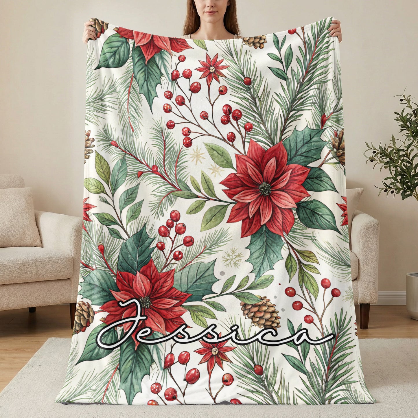 Festive Poinsettia and Pine Personalized Blanket