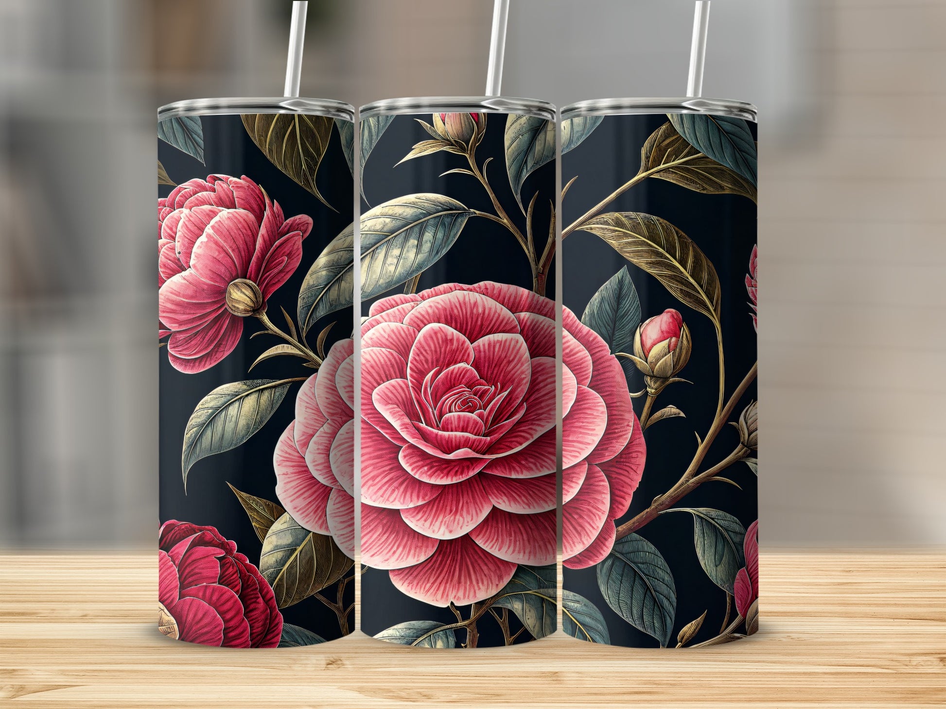 Pink Flower Detailed Floral Pattern Against Dark Background Tumblers - Walk Greener
