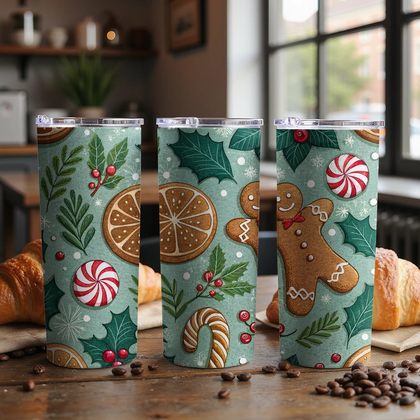 Festive Holiday-Themed Gingerbread and Holly Tumblers