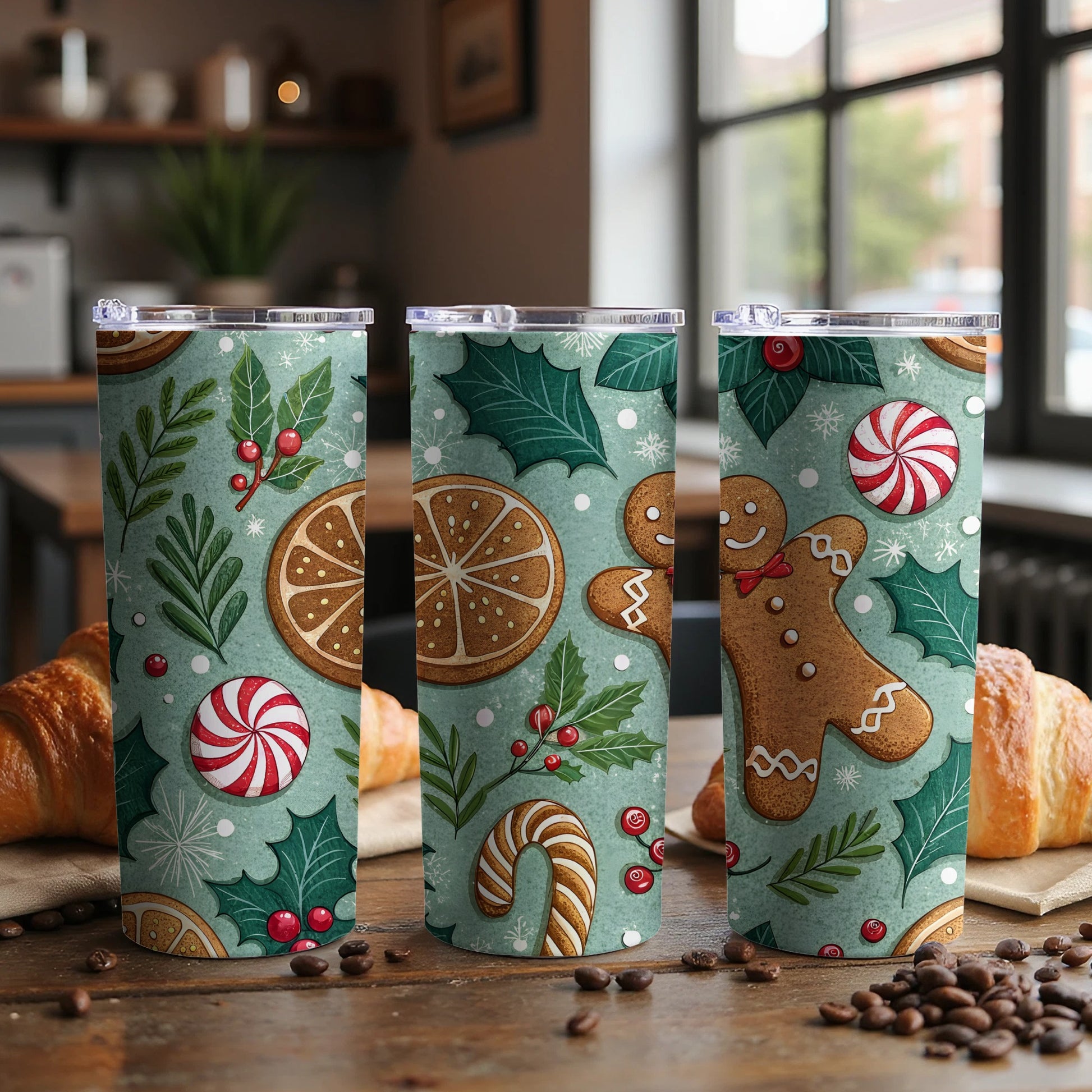 Festive Holiday-Themed Gingerbread and Holly Tumblers