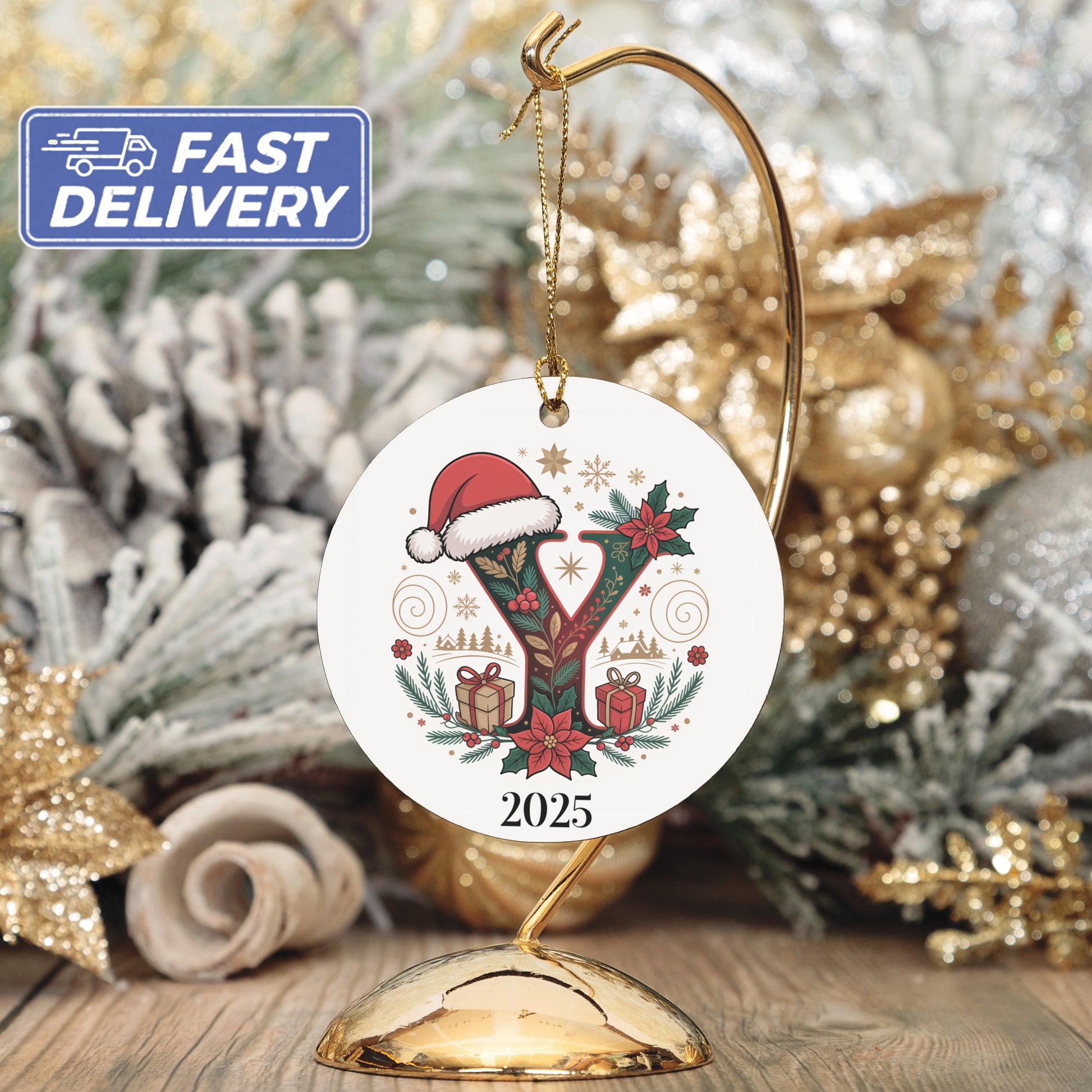 Festive Deer Patterned 2025 Holiday Ornament product type