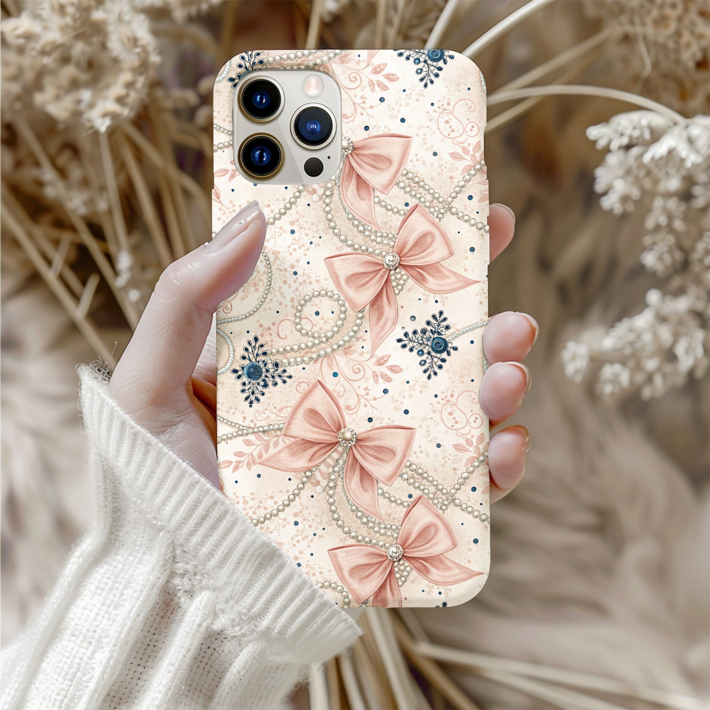 Elegant Pink Bow and Pearl Design Phone Case