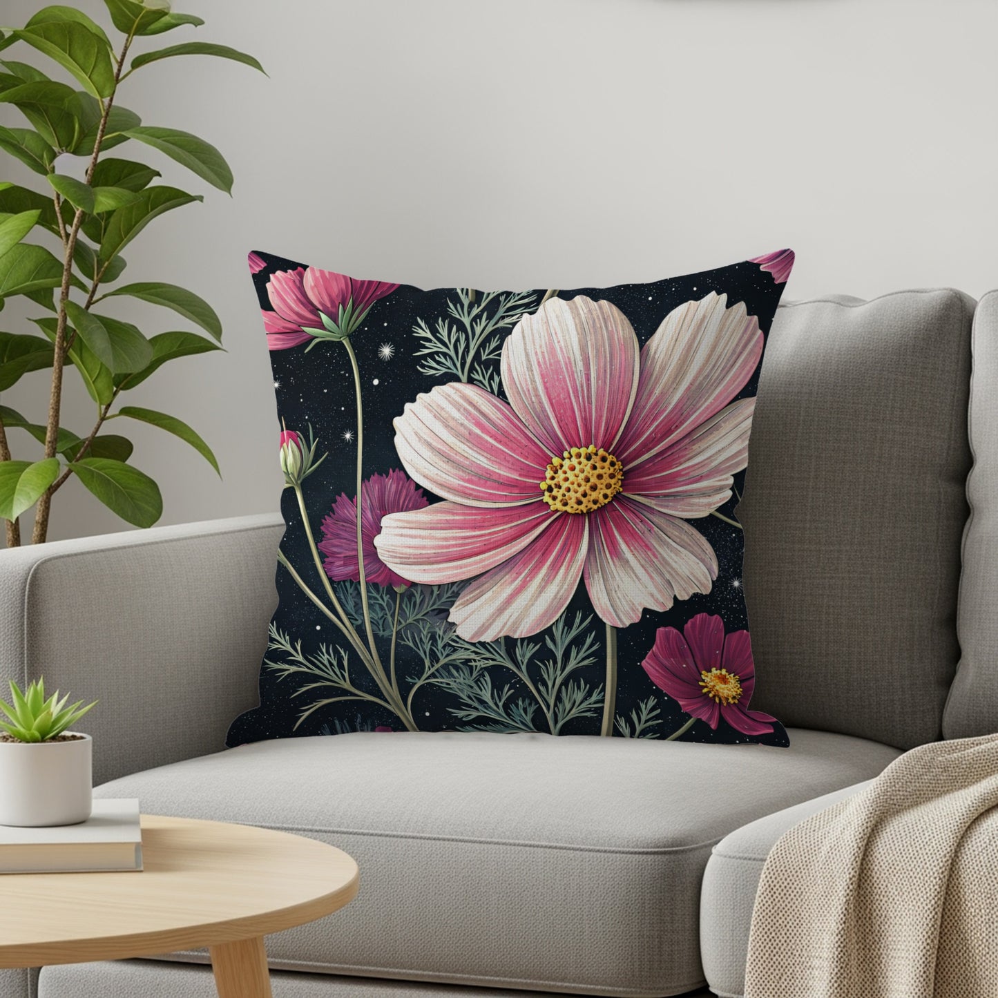 Cosmos Floral Pattern Pink White on Dark Backdrop Decorative Floral Throw Pillows - Walk Greener