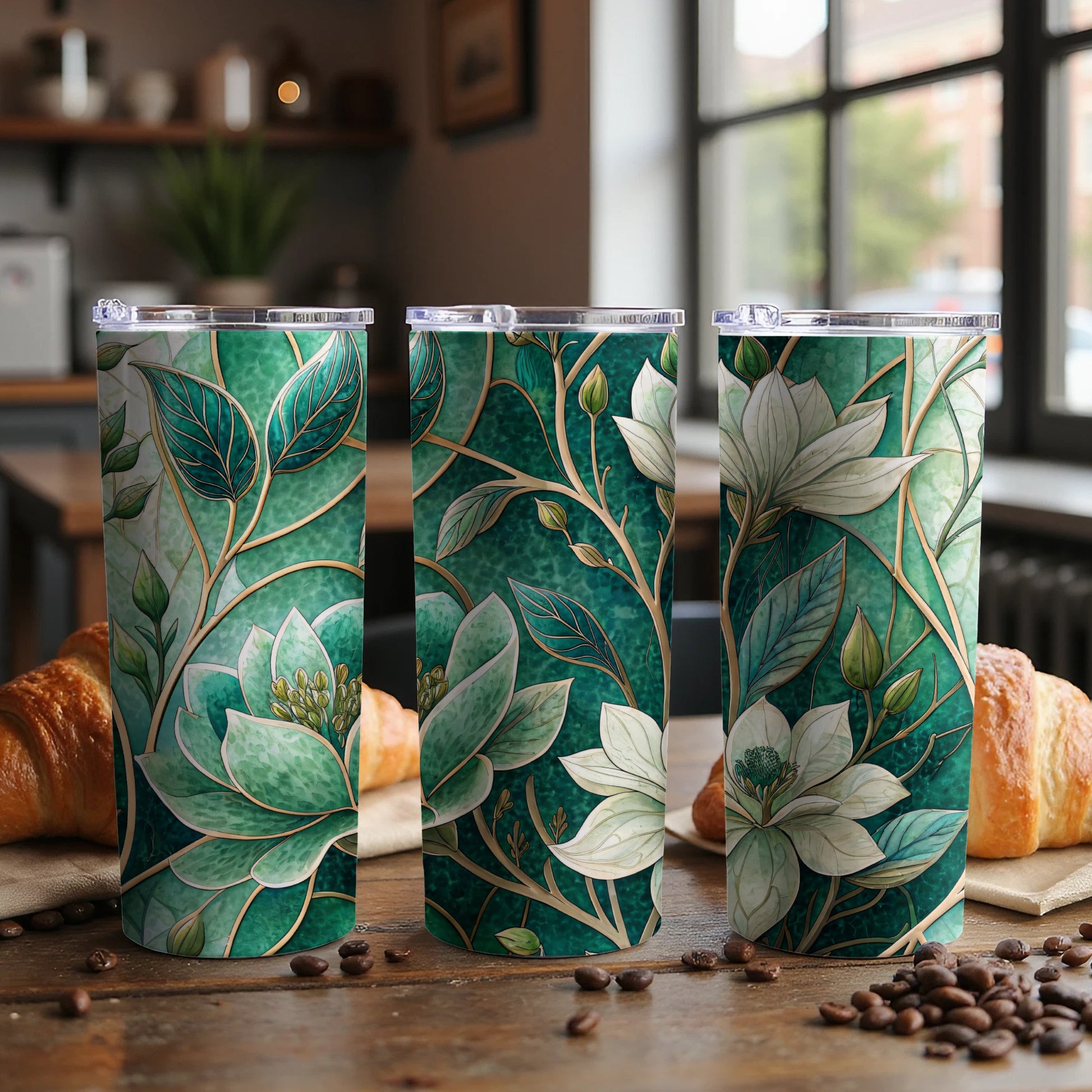 Blooming Magnolias on Emerald Background 20 oz Skinny Tumbler - Walk Greener