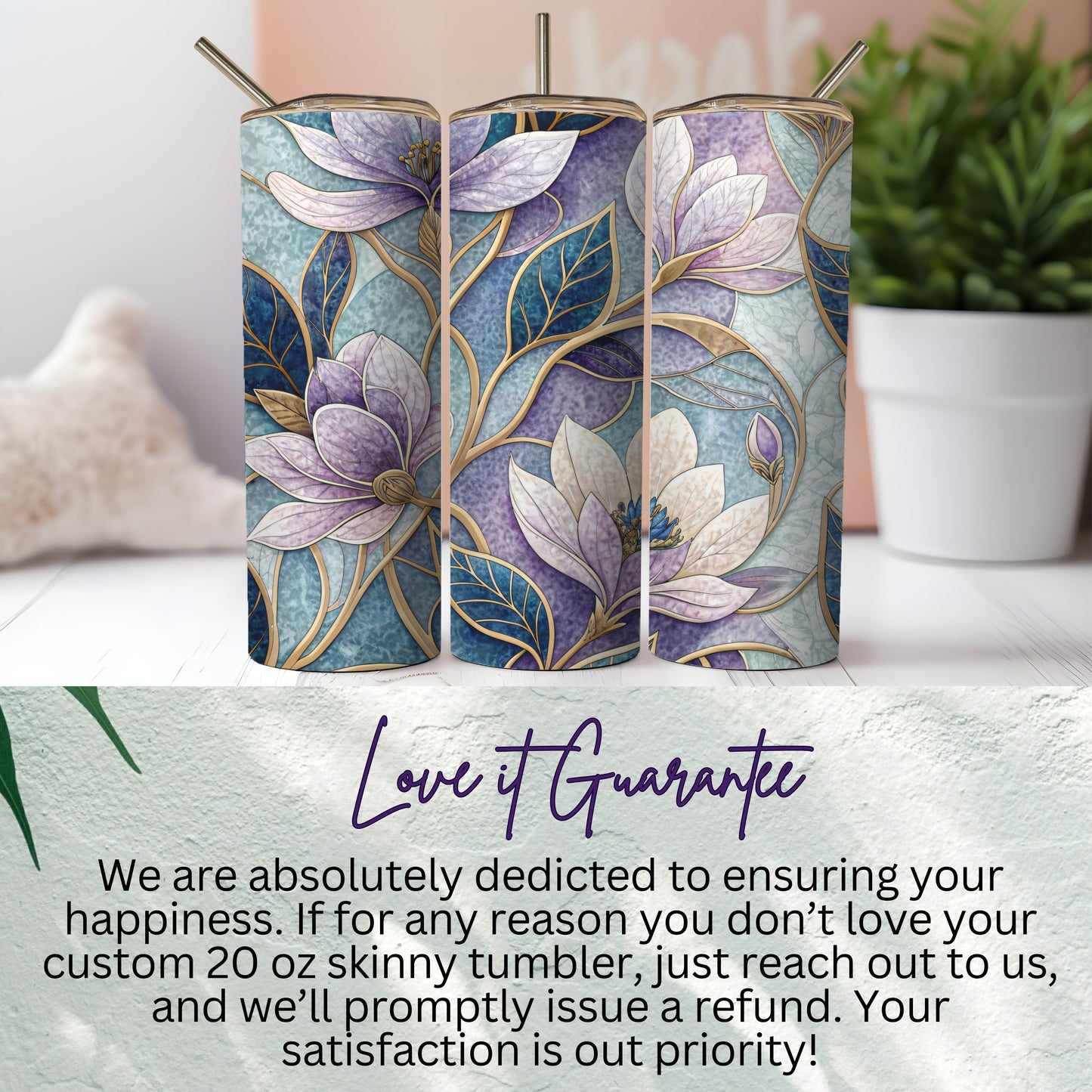 Elegant Magnolia Floral Design Gold Vein on Tumbler - Walk Greener