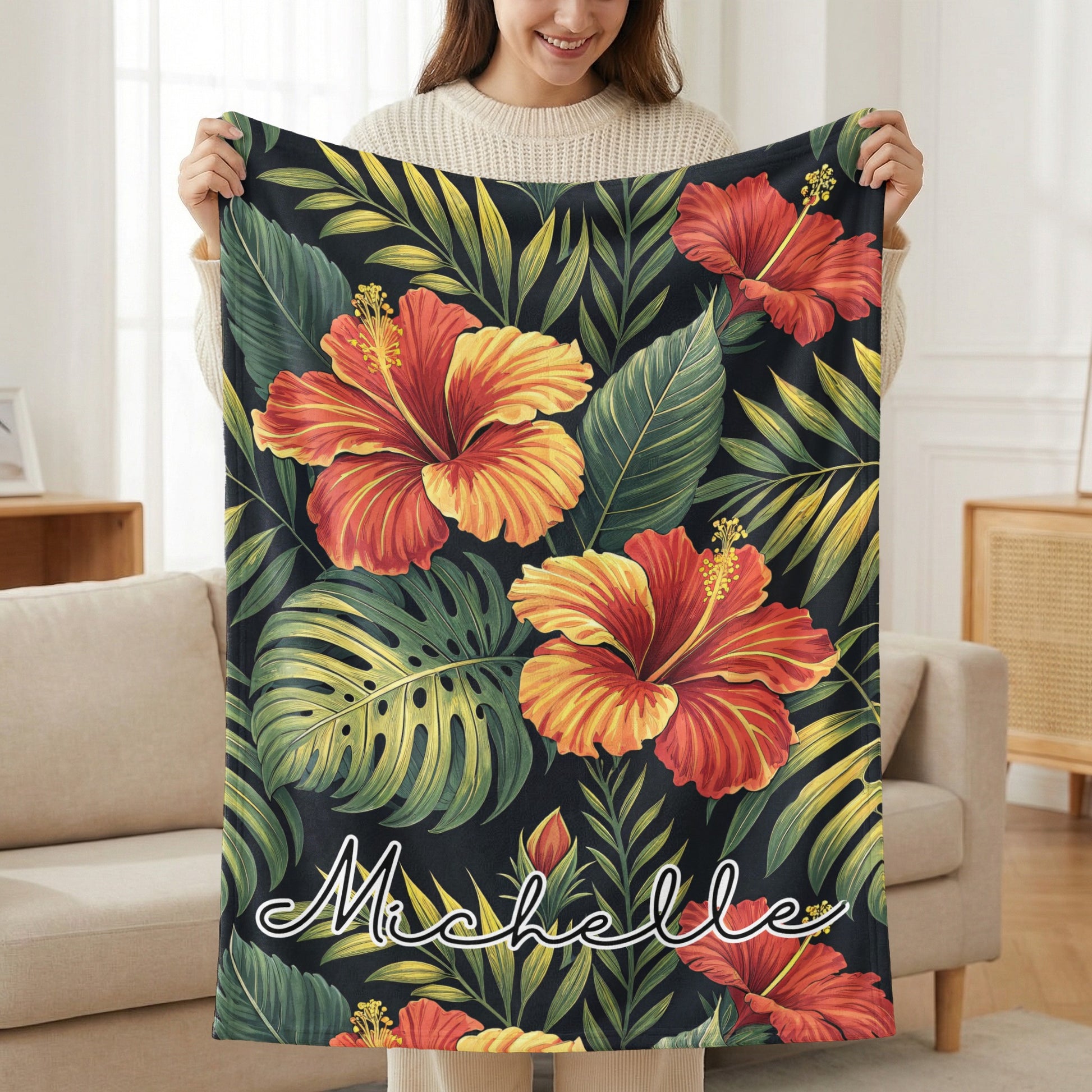 Personalized Tropical Floral Blanket with Custom Name Design