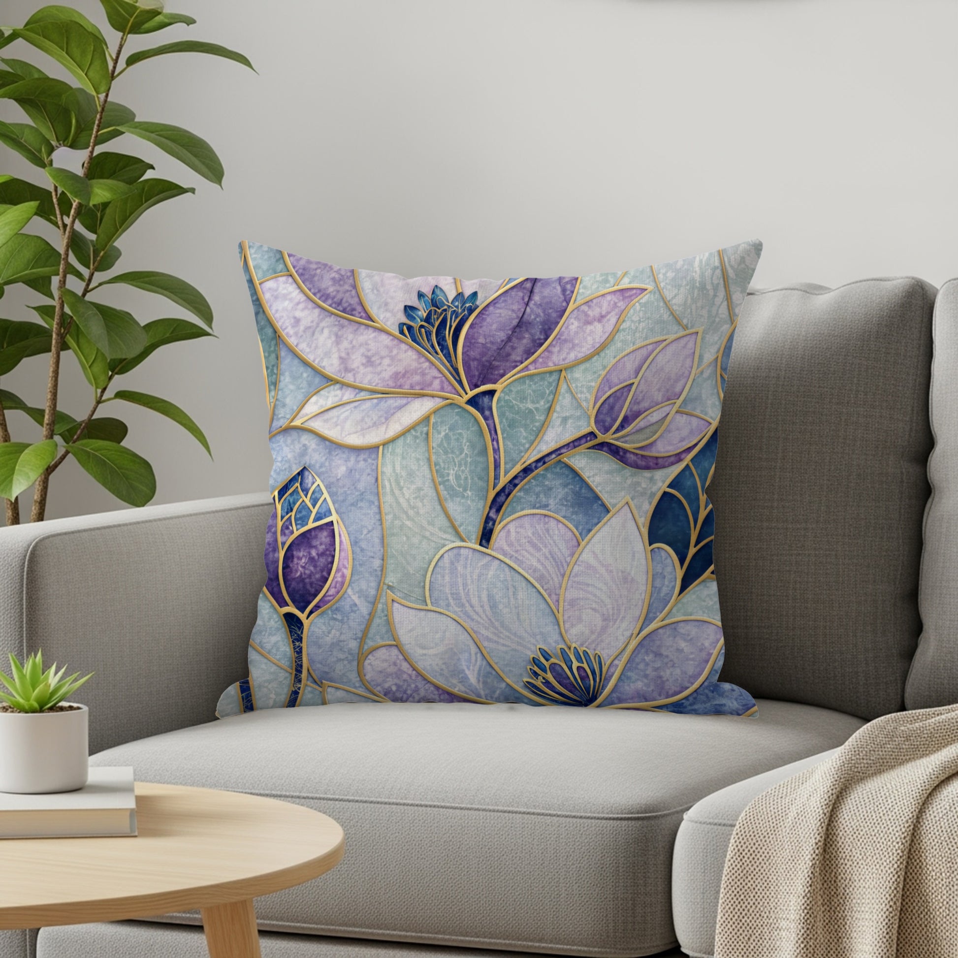Blue Purple Floral Stained Glass Style Pattern Throw Pillows - Walk Greener