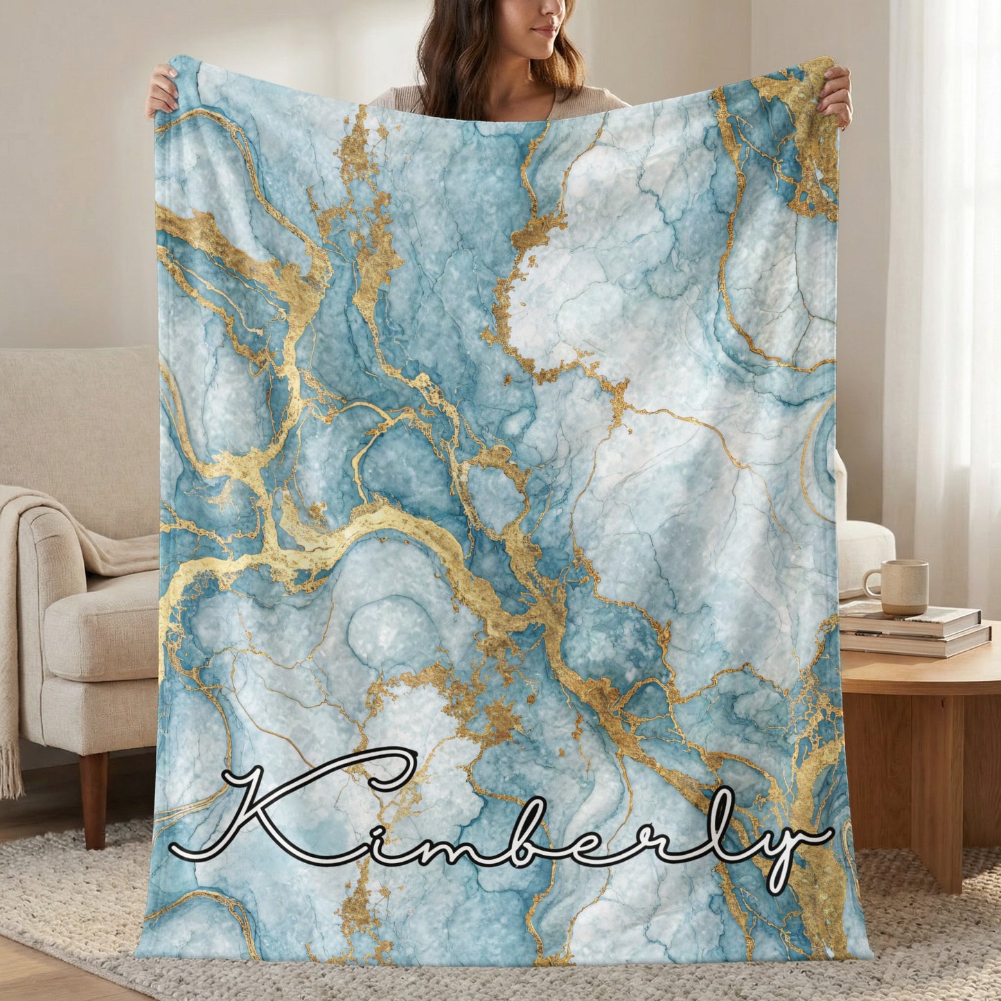 Teal and Gold Marble Custom Name Special Blanket - Walk Greener