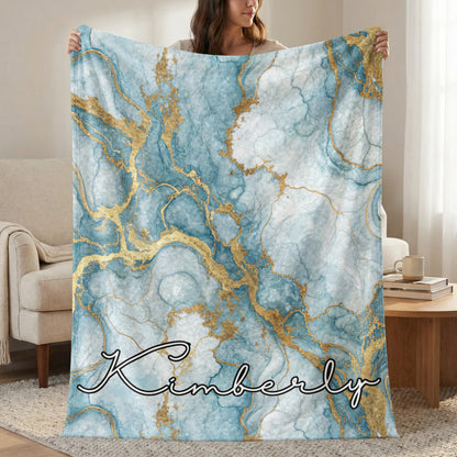 Teal and Gold Marble Custom Name Special Blanket - Walk Greener