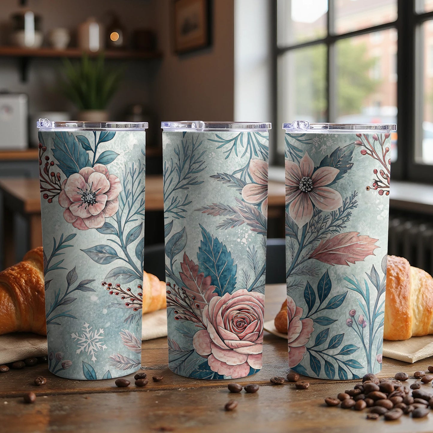 Vintage Floral Patterned Tumbler with Colored Blooms