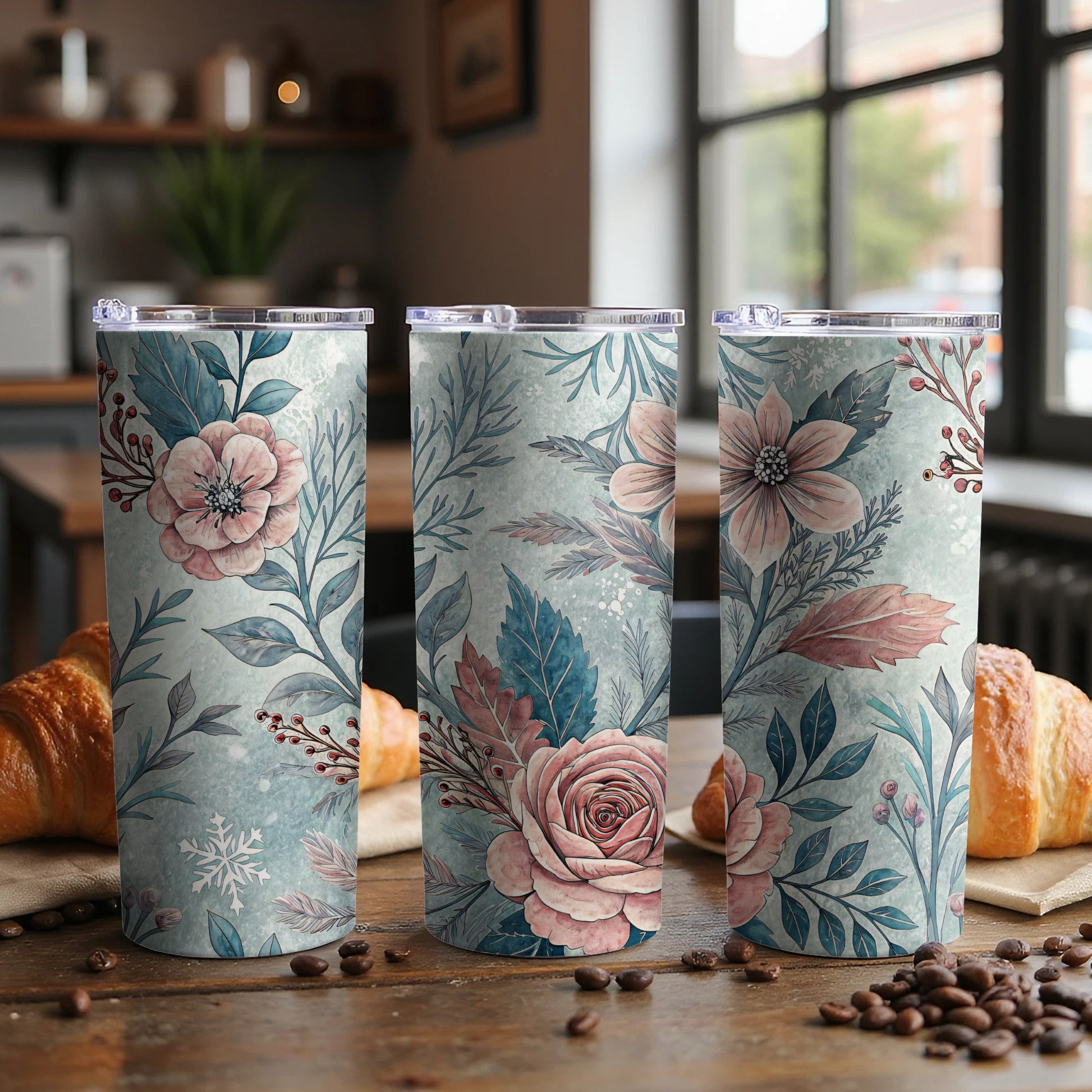 Vintage Floral Patterned Tumbler with Colored Blooms