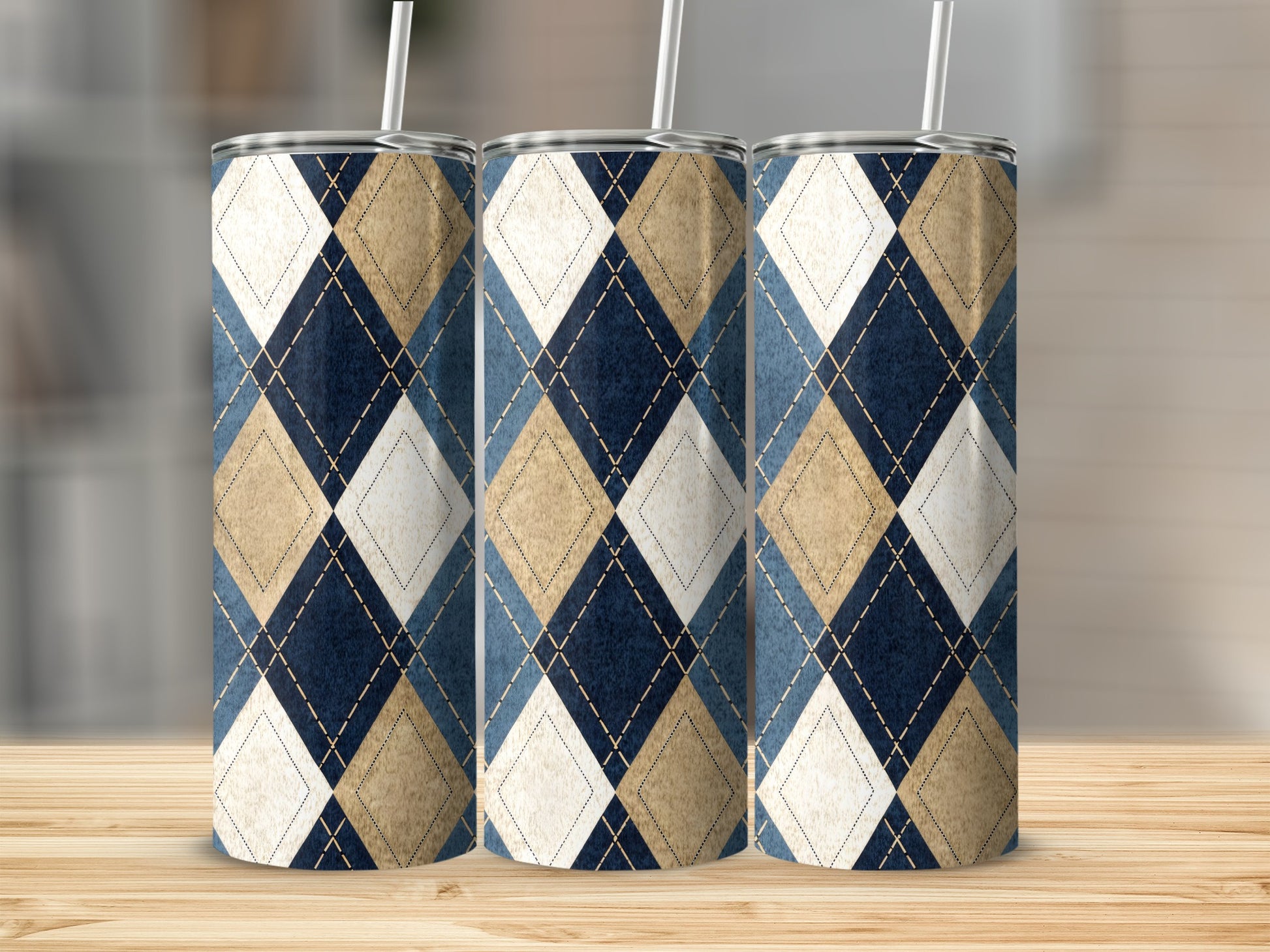 Blue and Beige Argyle Pattern Insulated Tumbler Cup