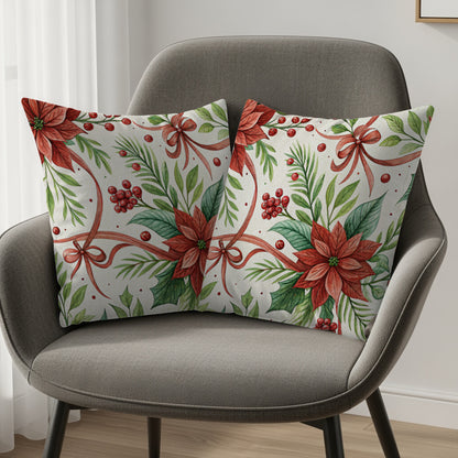 Festive Poinsettia and Ribbon Design Throw Pillow Set