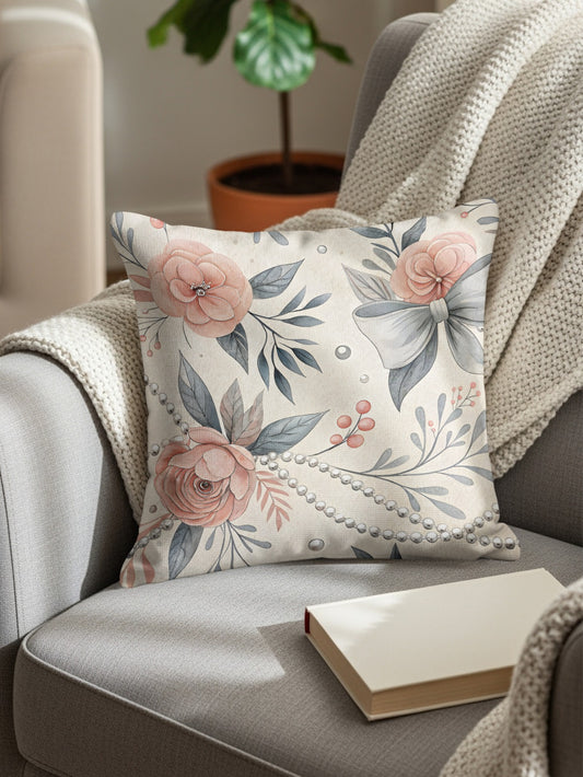 Elegant Floral Pattern Throw Pillow with Pearls Design