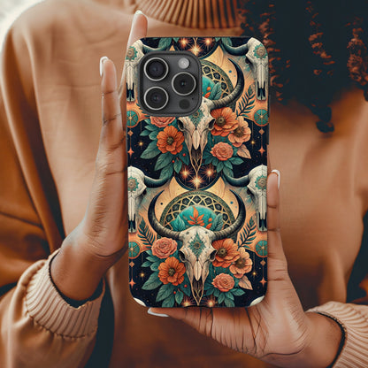 Ornate Bull Skull Floral Pattern Custom Phone Case - Walk Greener