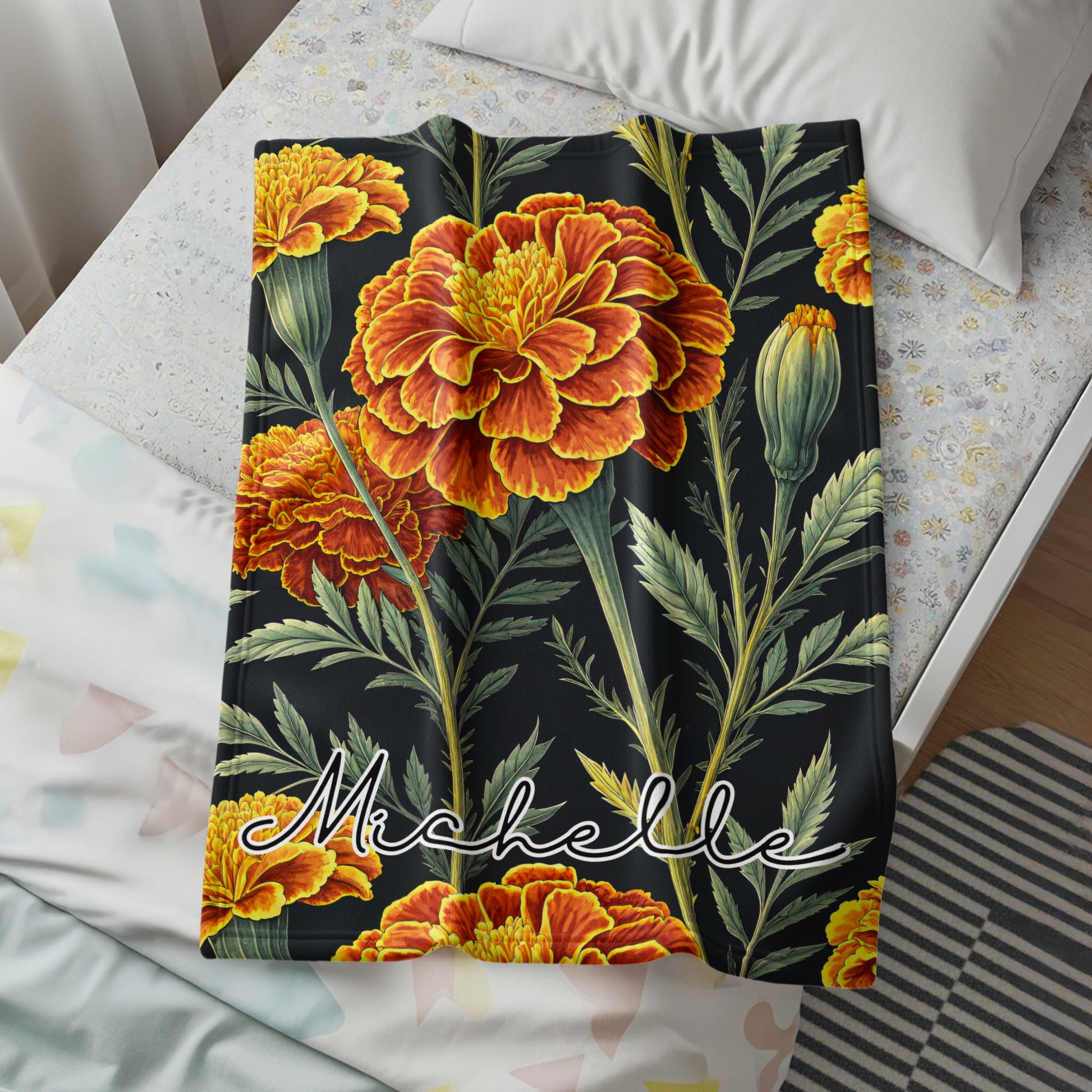 Marigold Flowers Custom Personalized Name Blanket Decor - Walk Greener