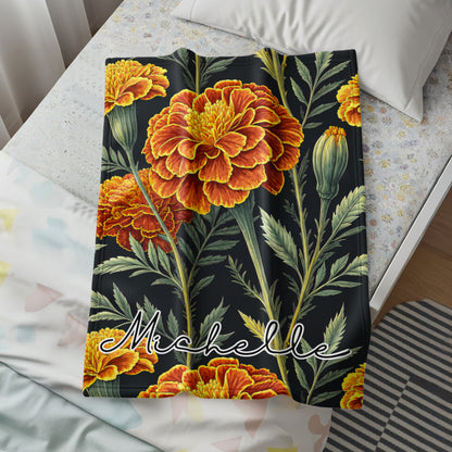 Marigold Flowers Custom Personalized Name Blanket Decor - Walk Greener