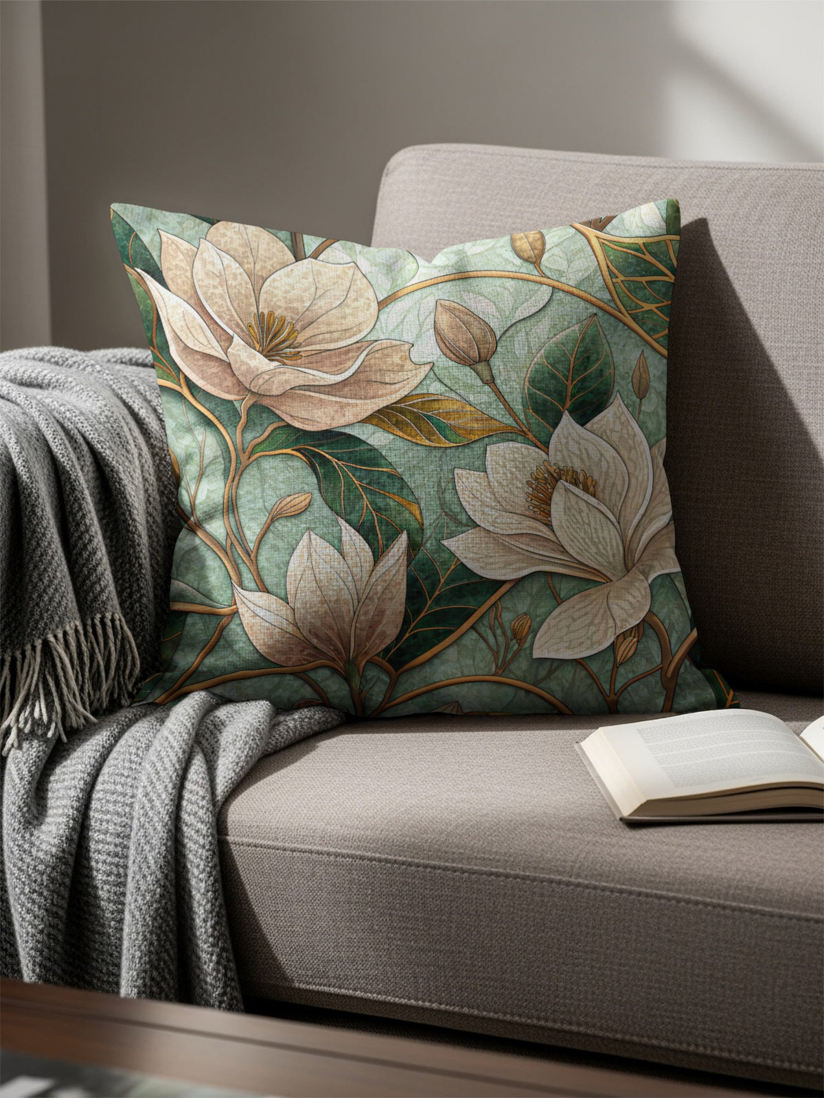 Beautiful Magnolia Flowers Green Leaves Artistic Style Throw Pillows - Walk Greener