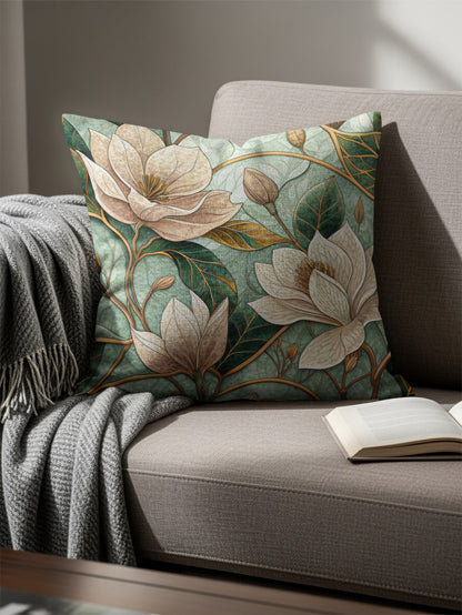 Beautiful Magnolia Flowers Green Leaves Artistic Style Throw Pillows - Walk Greener